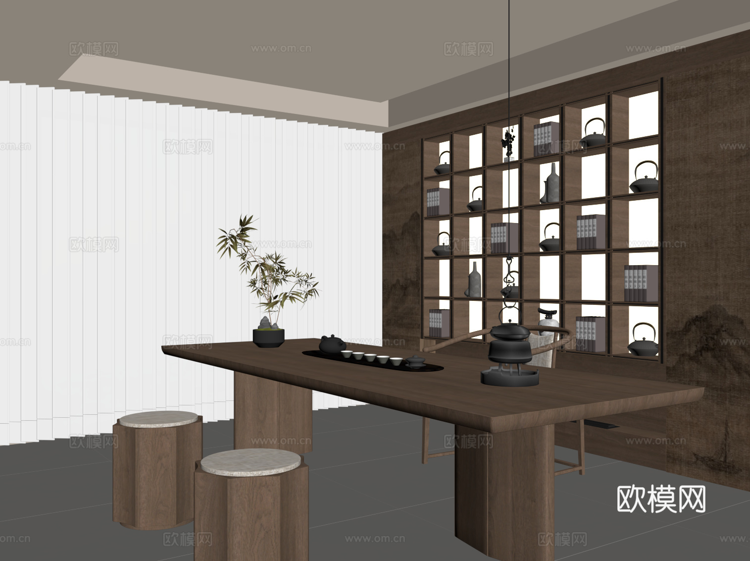 新中式茶室 茶桌椅 背景墙茶柜su模型