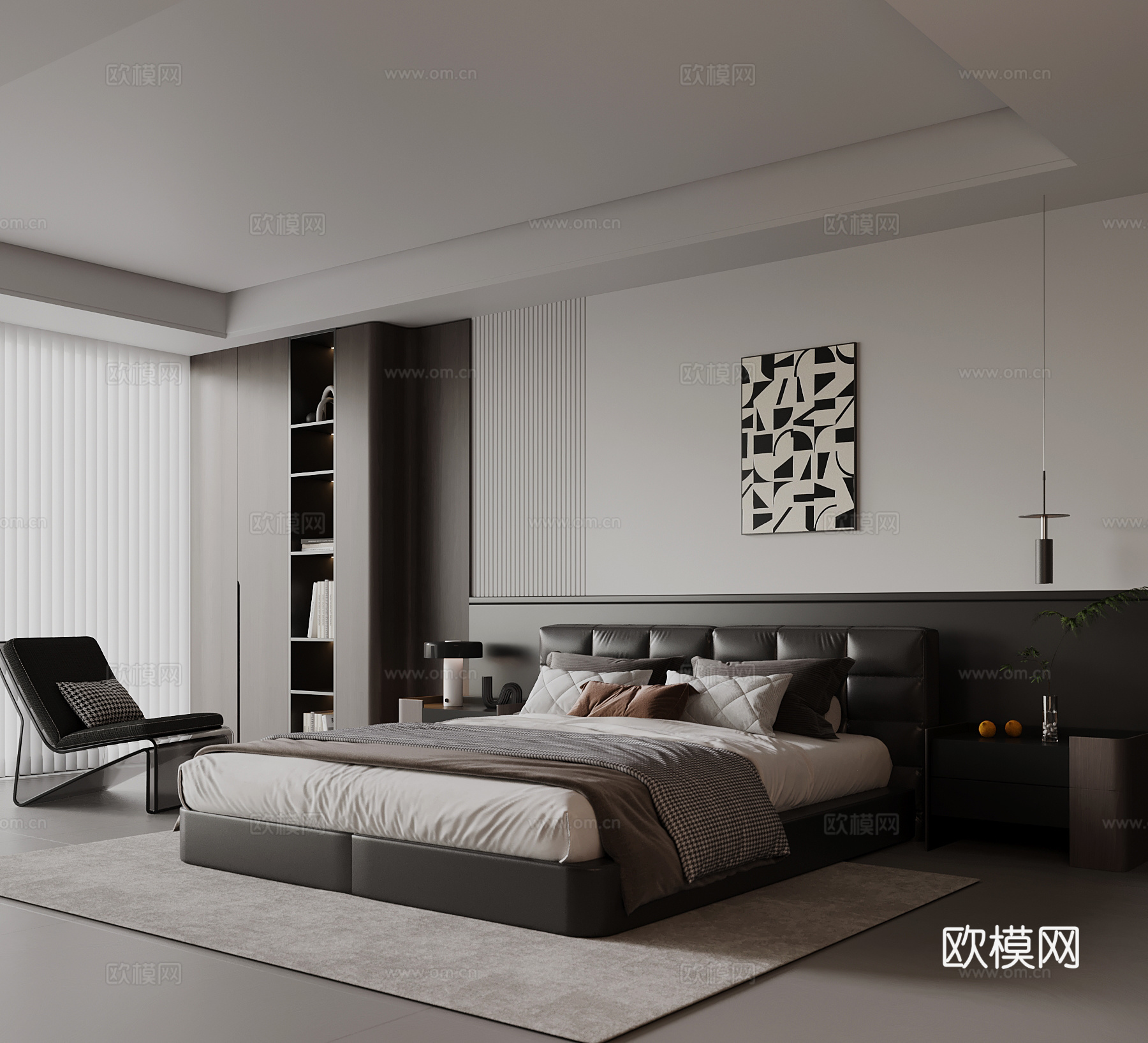 现代意式卧室 黑白灰卧室 双人床 背景墙su模型