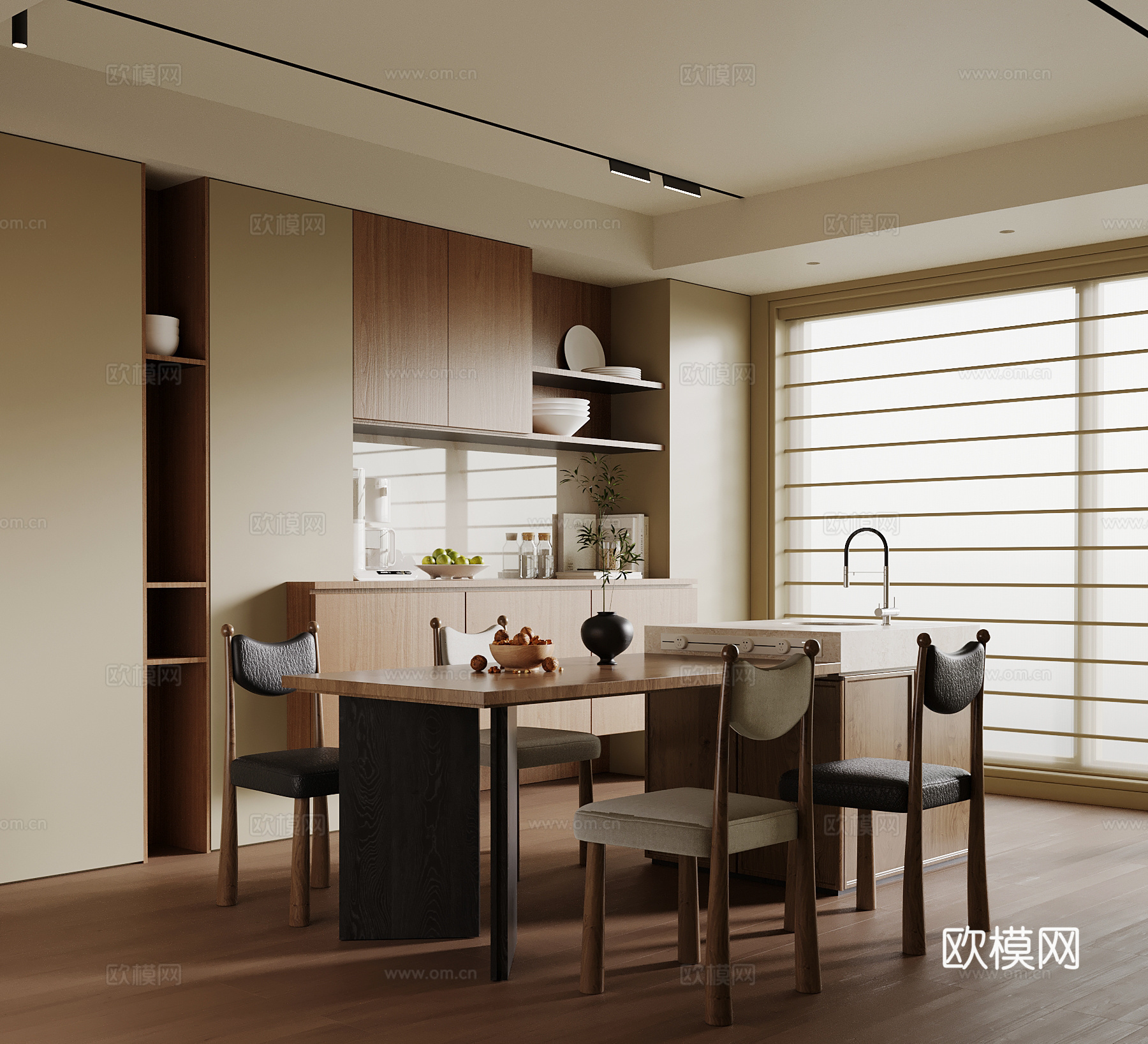 现代中古风餐厅 餐桌椅 岛台 餐边柜su模型
