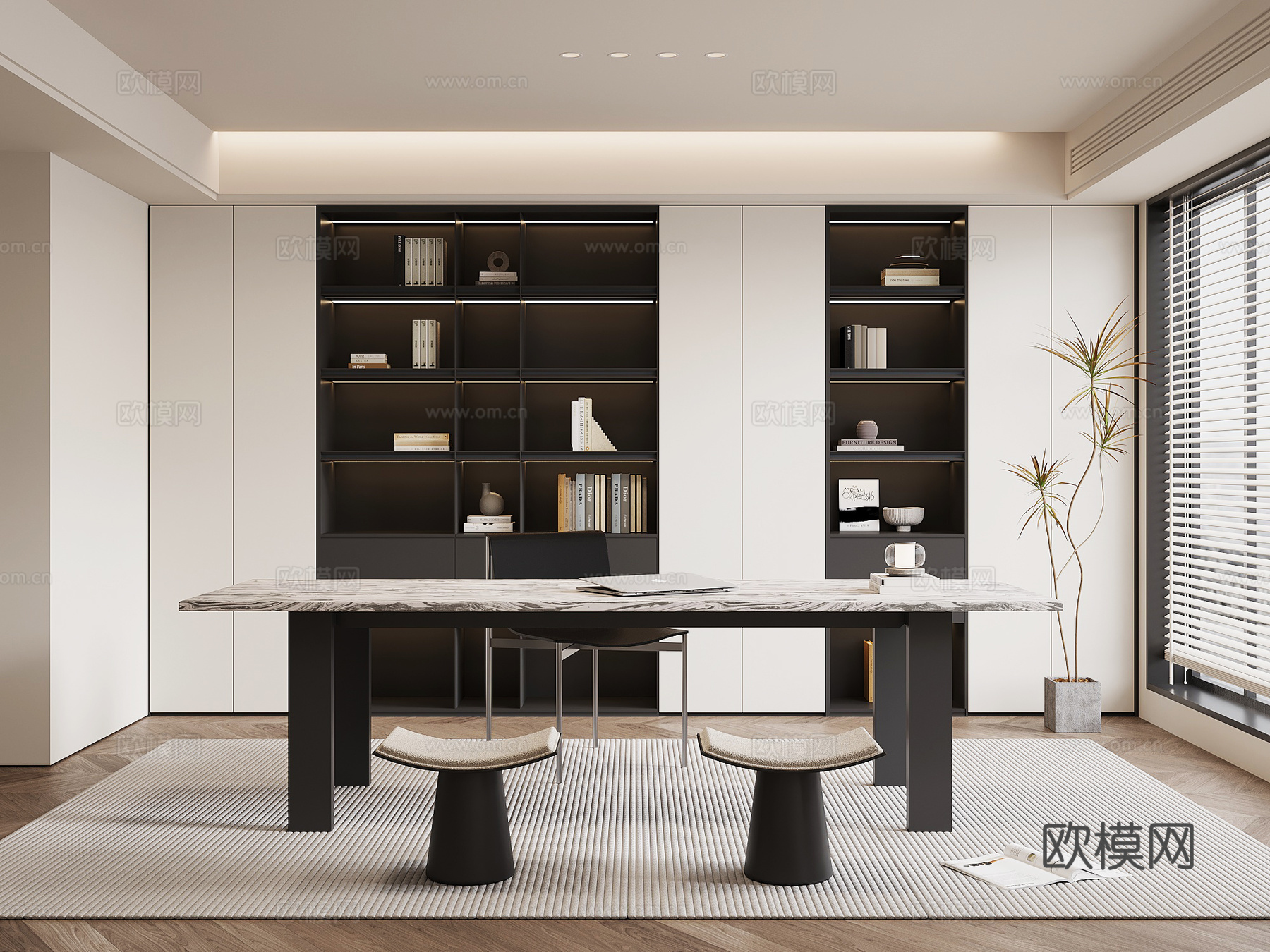 现代书房 书桌椅 书柜su模型