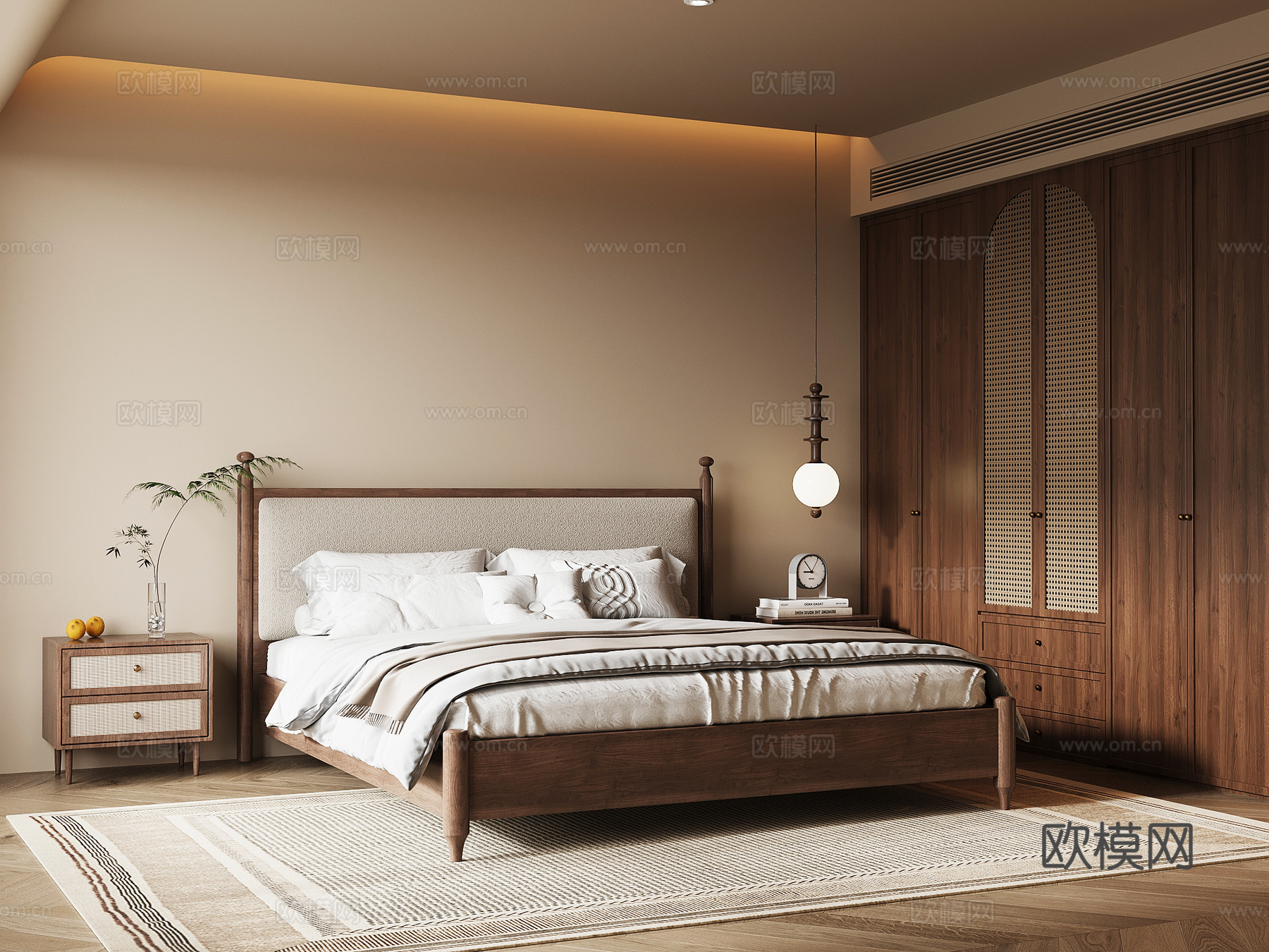 侘寂中古卧室 双人床su模型