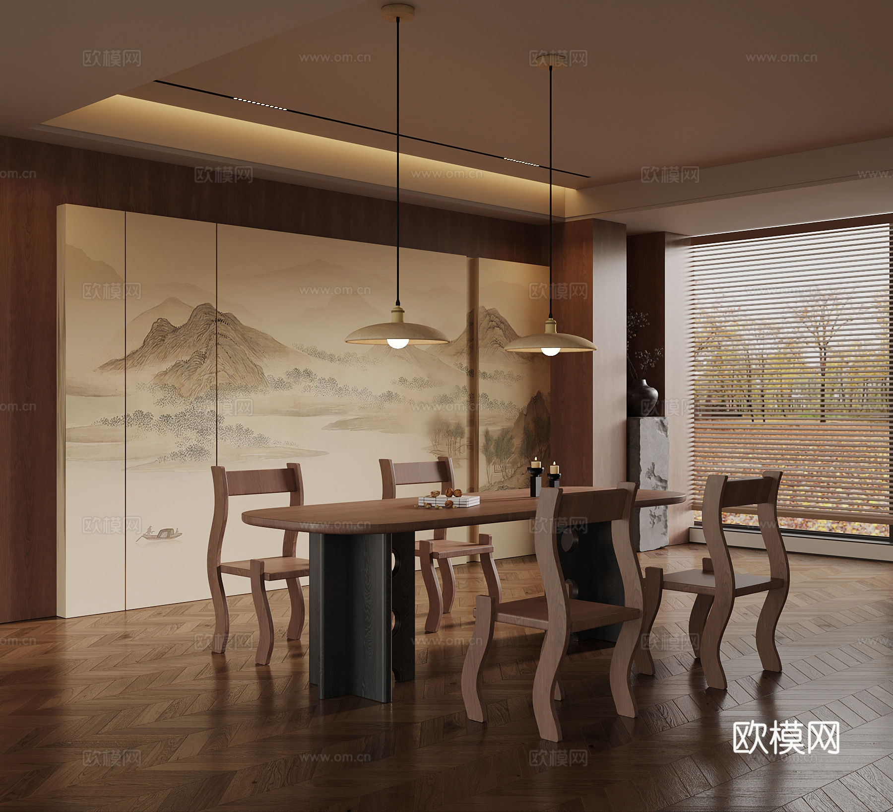 现代中古风餐厅 餐桌椅 背景墙su模型