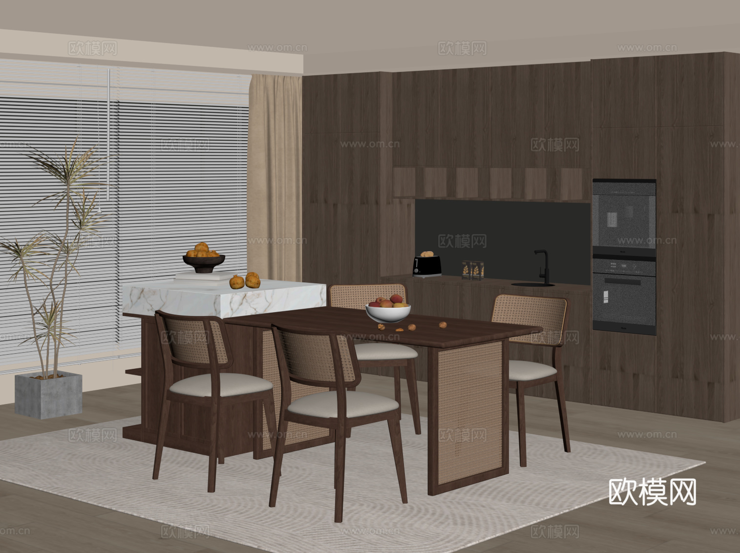 中古风餐厅 餐桌椅 餐边柜su模型
