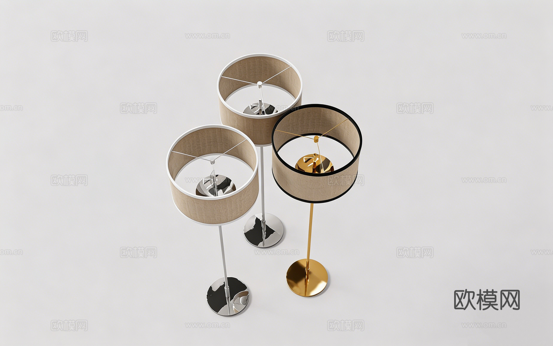 现代简约三盏装落地灯 金银白三色 布艺米色灯罩 设计师灯具su模型