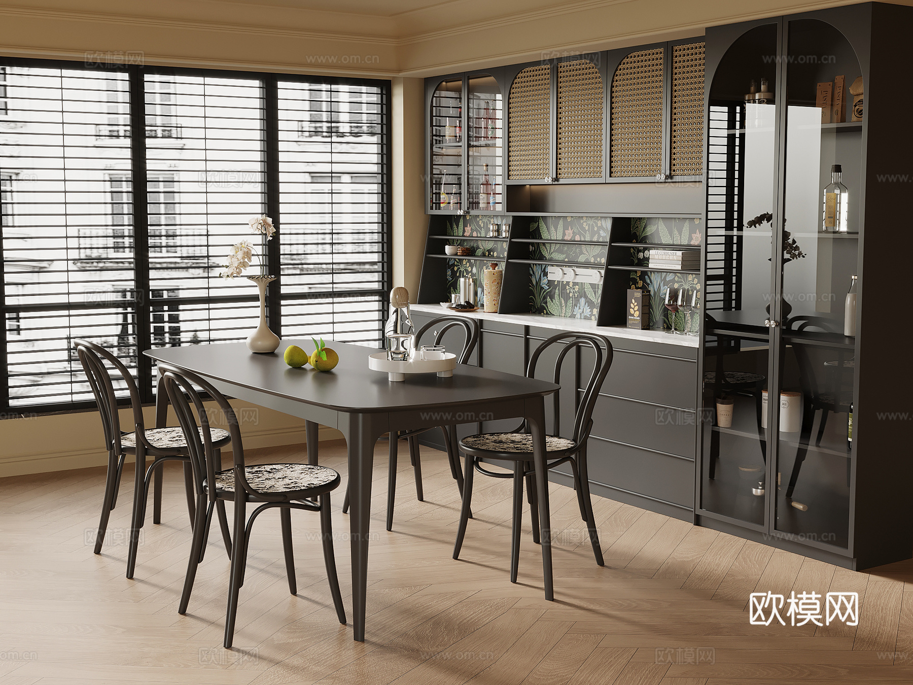 法式复古餐厅 餐桌椅 餐边柜su模型