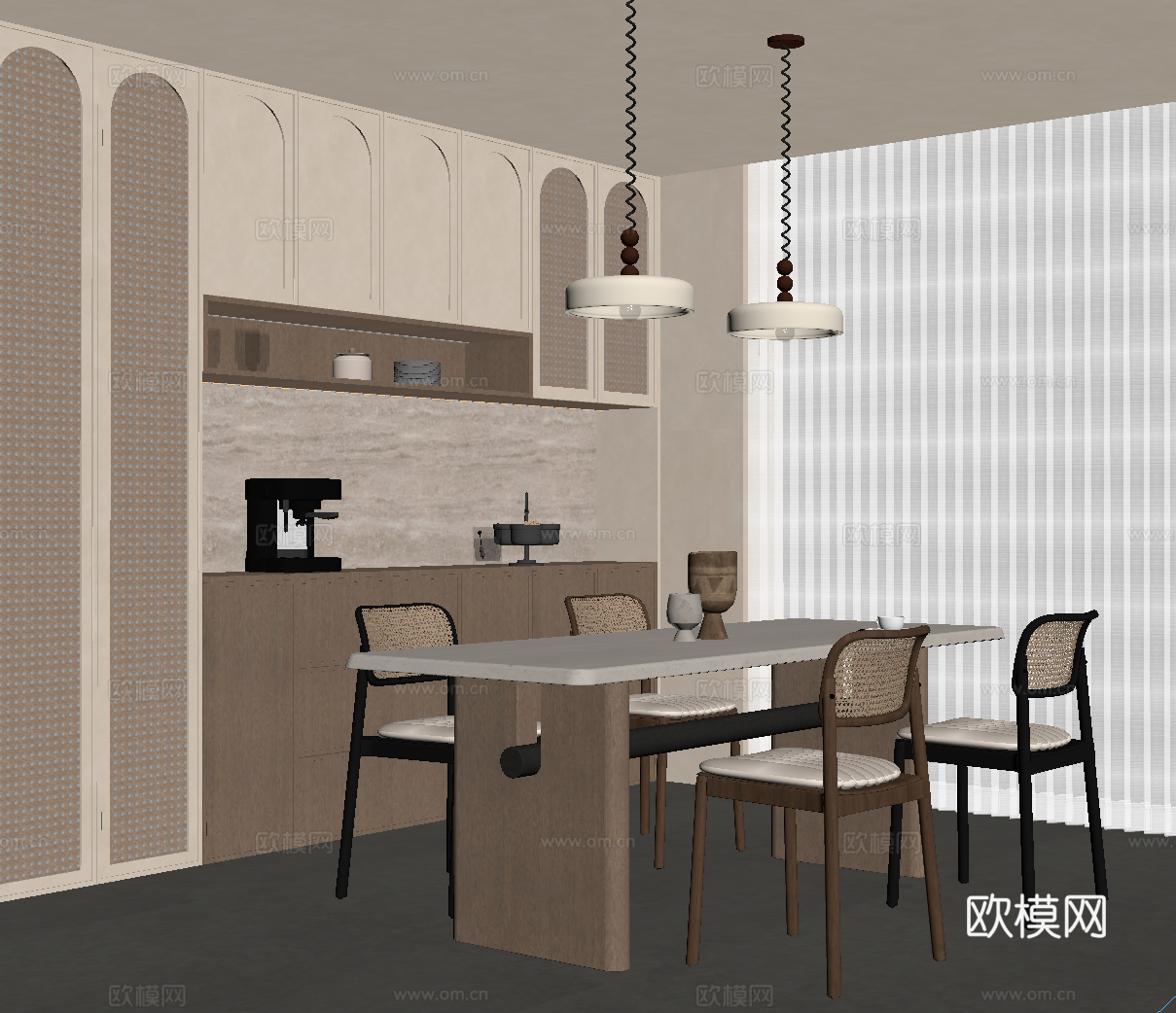 中古风餐厅酒柜 侘寂风酒柜 餐边柜 餐桌椅su模型