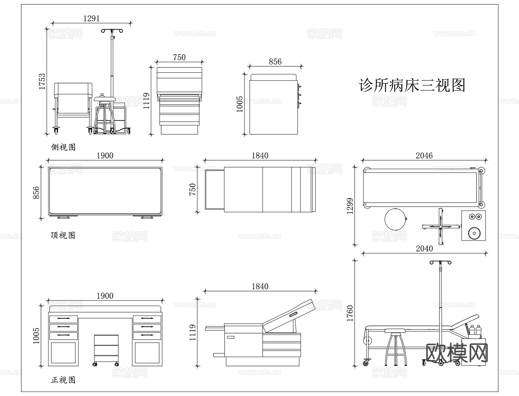 诊察病床 门诊病床 诊疗床 诊室病床 医用诊床cad施工图