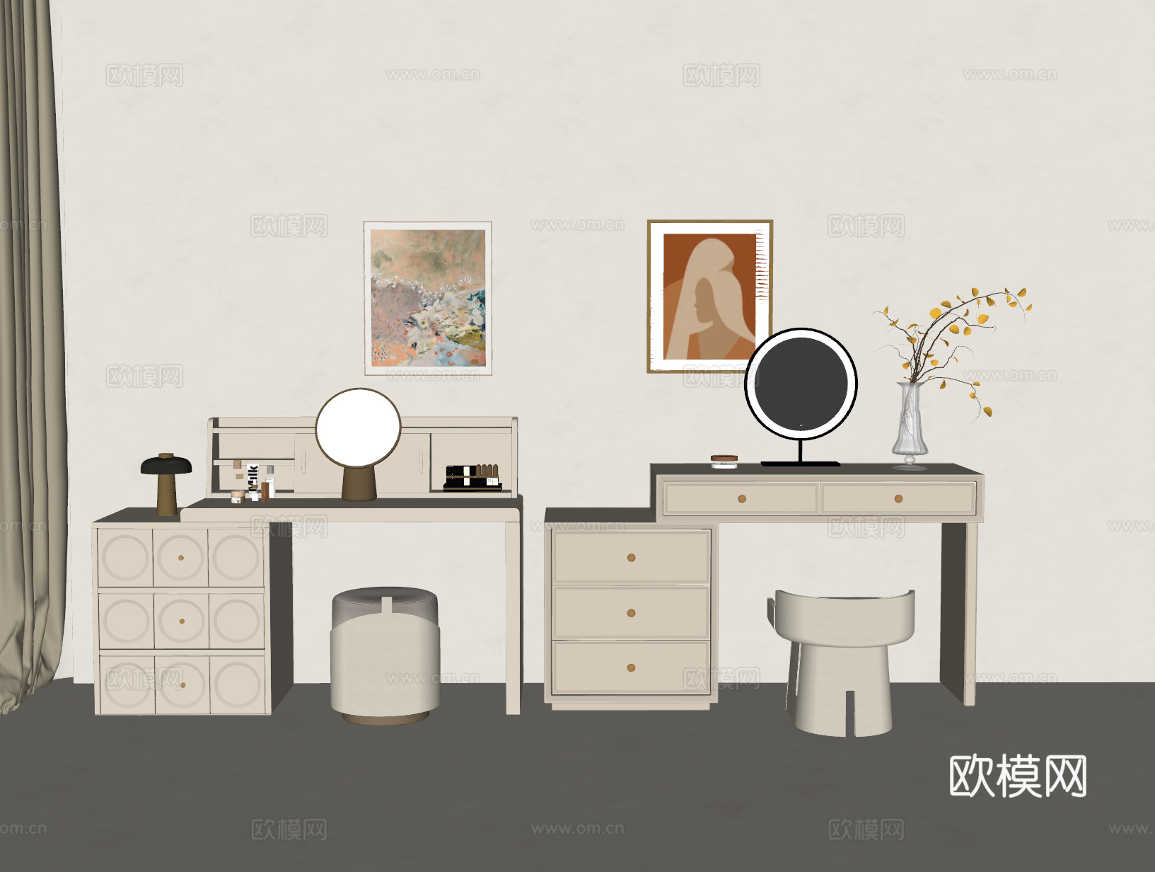 现代梳妆台 奶油风梳妆台 妆凳 化妆品组合 单椅 装饰画 化su模型