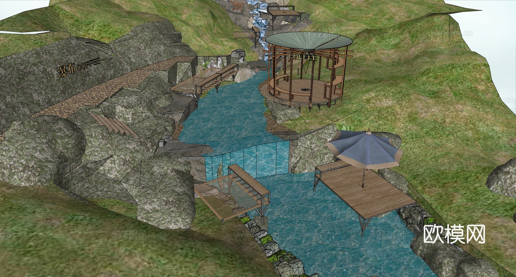 现代滨水景观 溪谷咖啡景观 溯溪营地 山谷溪流 瀑布咖啡su模型