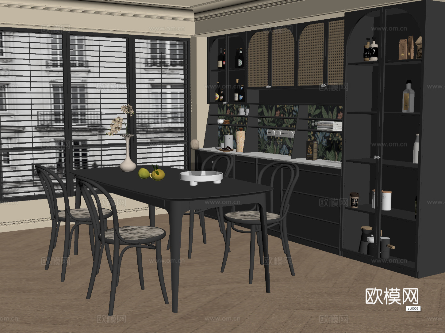 法式复古餐厅 餐桌椅 餐边柜su模型