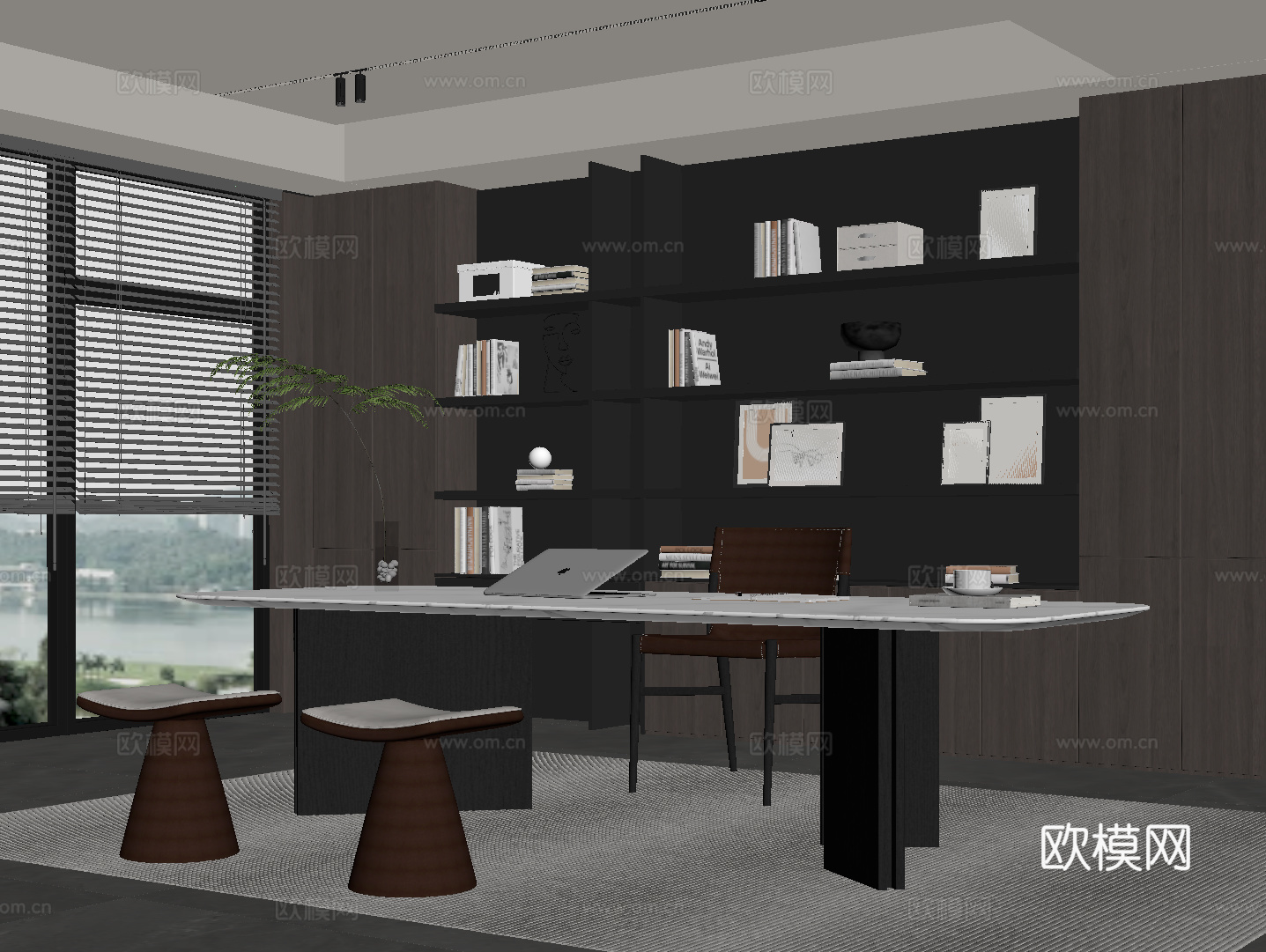 现代意式书房 书桌椅 书柜su模型