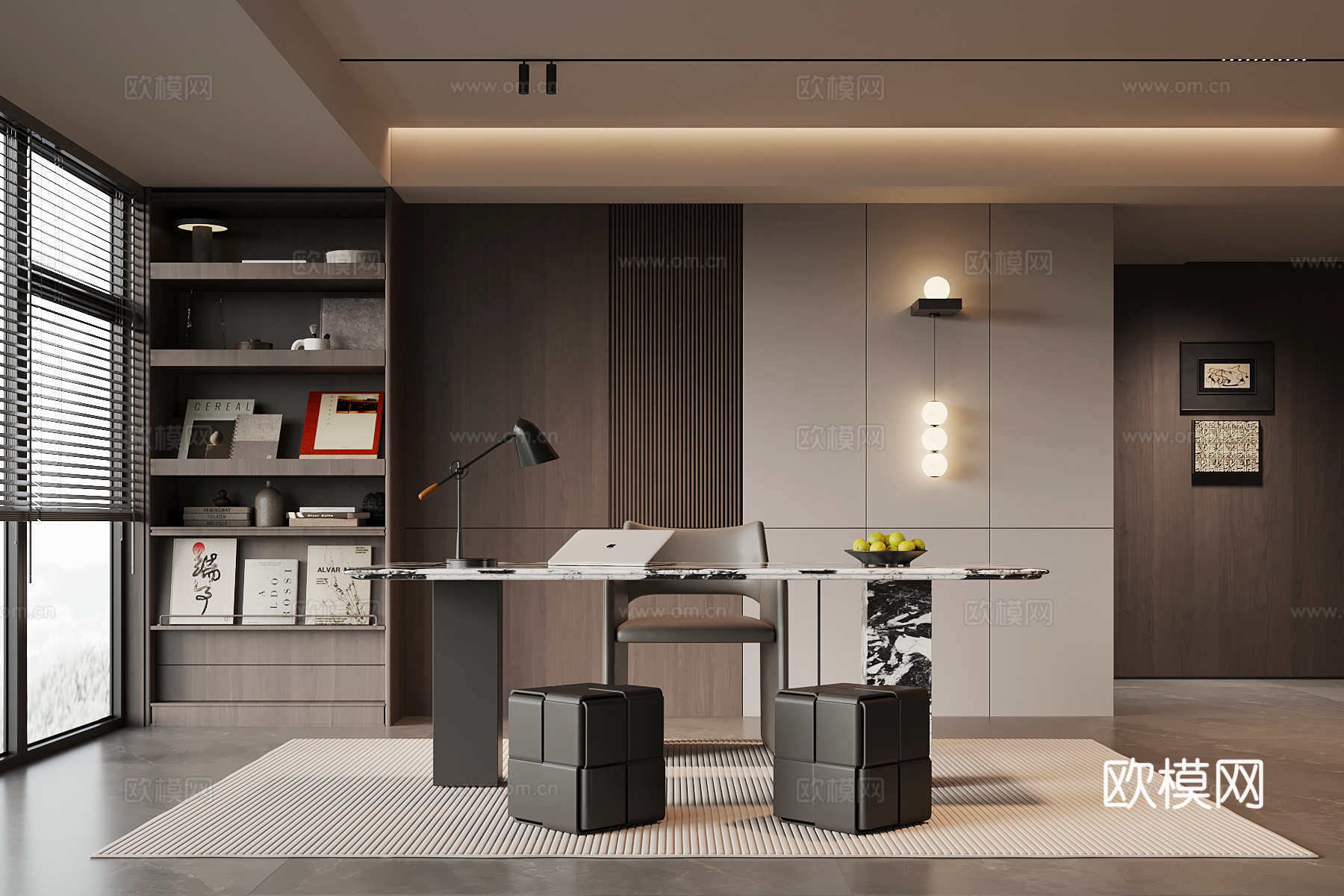 现代意式书房 书桌椅 背景墙 书柜su模型