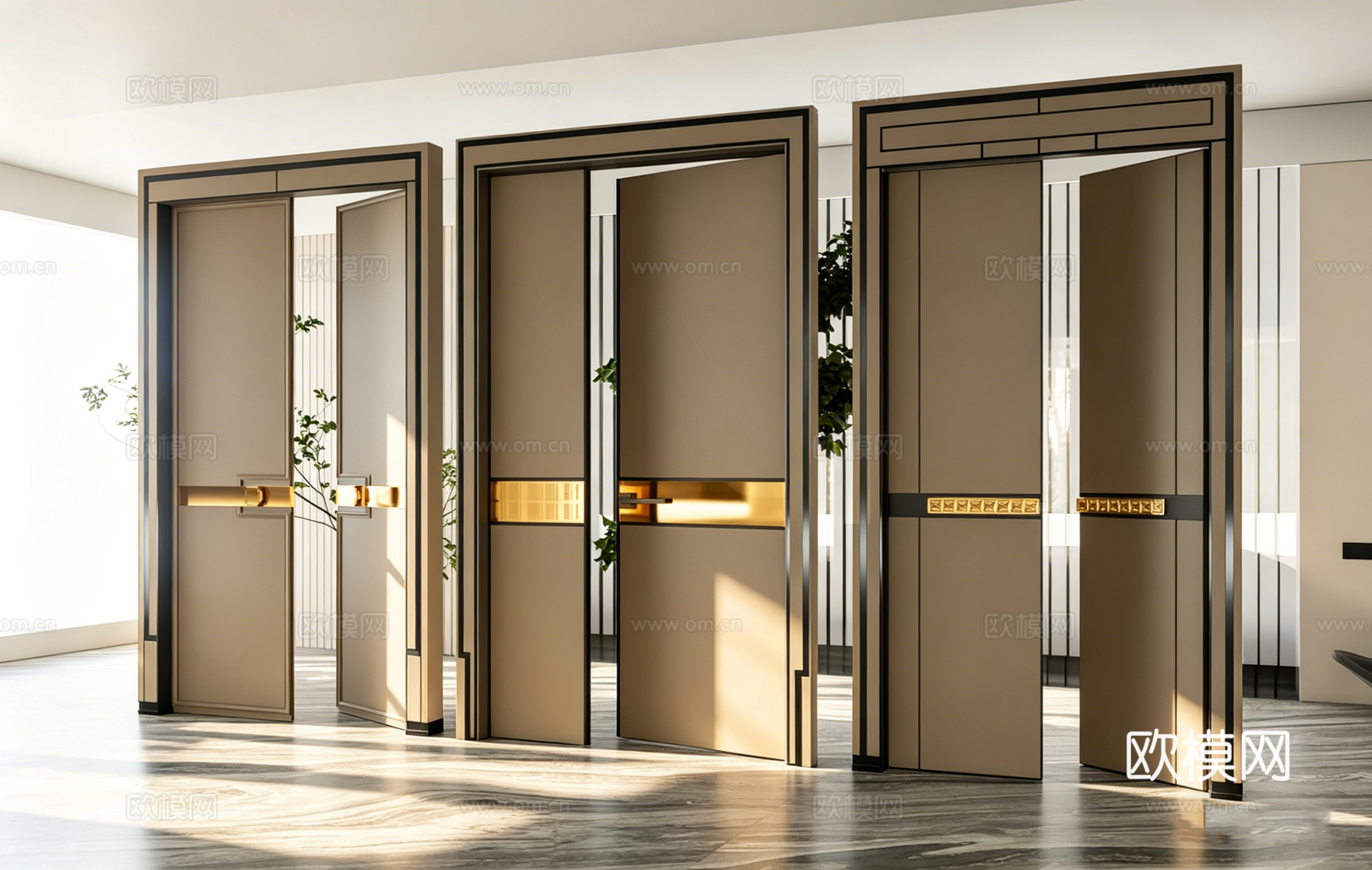 现代轻奢极窄边框室内门 米棕深棕色 带金色装饰条 极窄边框门su模型