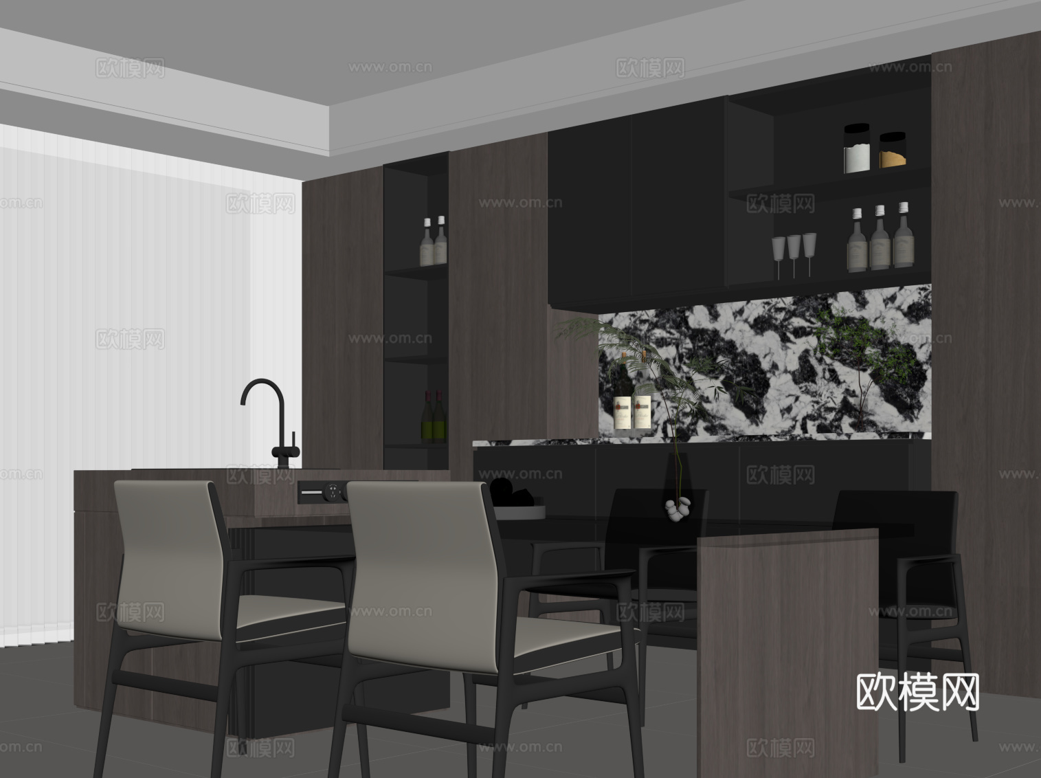 现代意式餐厅 餐边柜 餐桌椅 岛台su模型