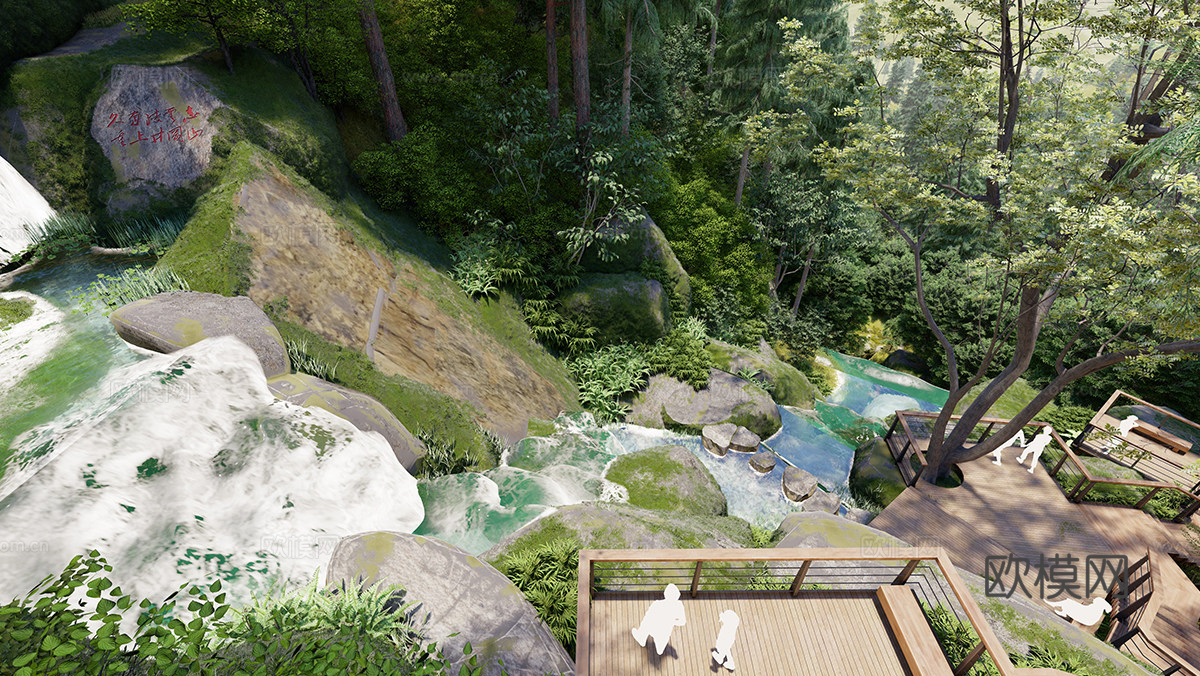 现代景观公园 栈道 瀑布 自然景观 跌水su模型
