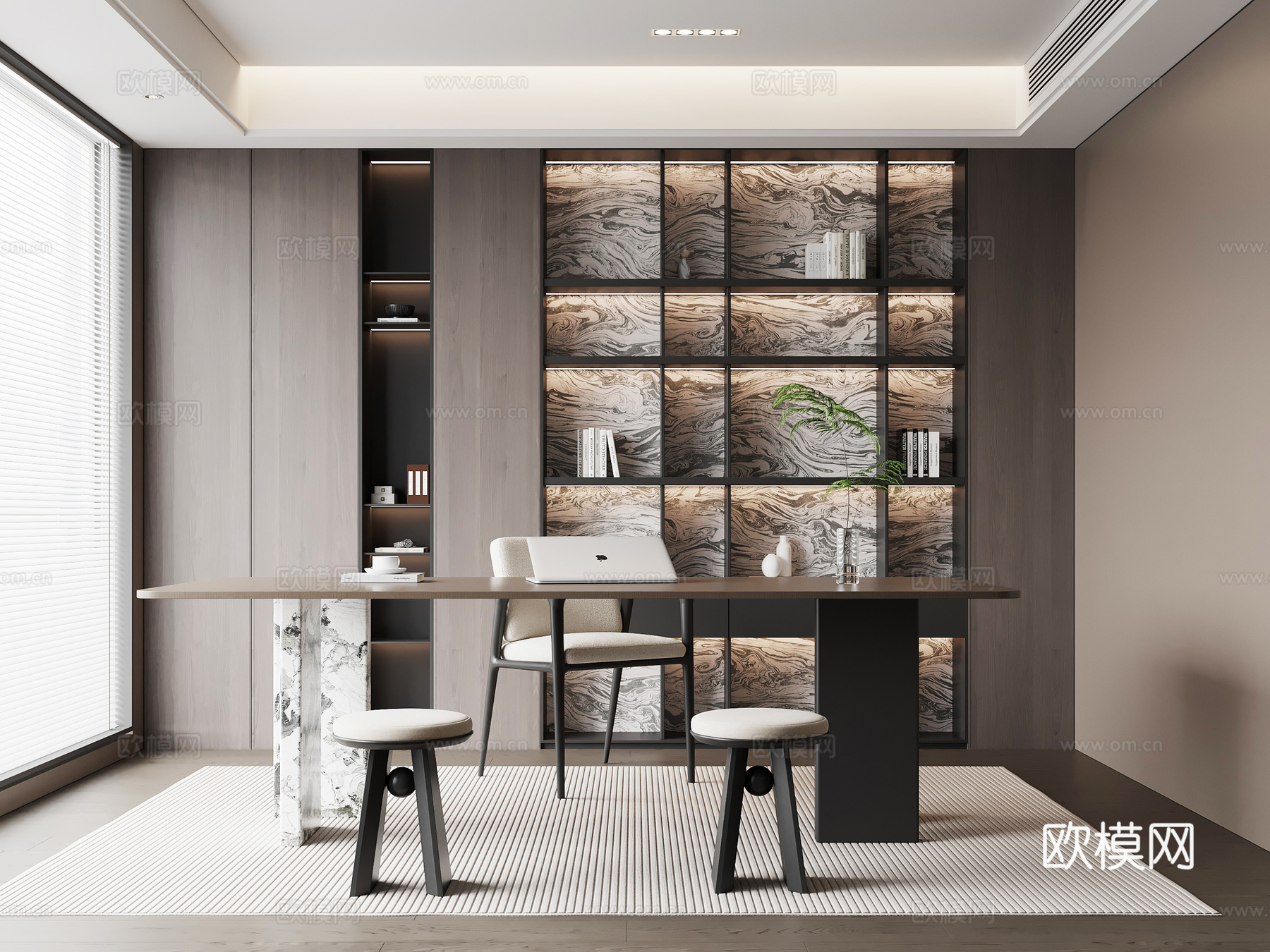 现代意式书房 书桌椅 书柜su模型