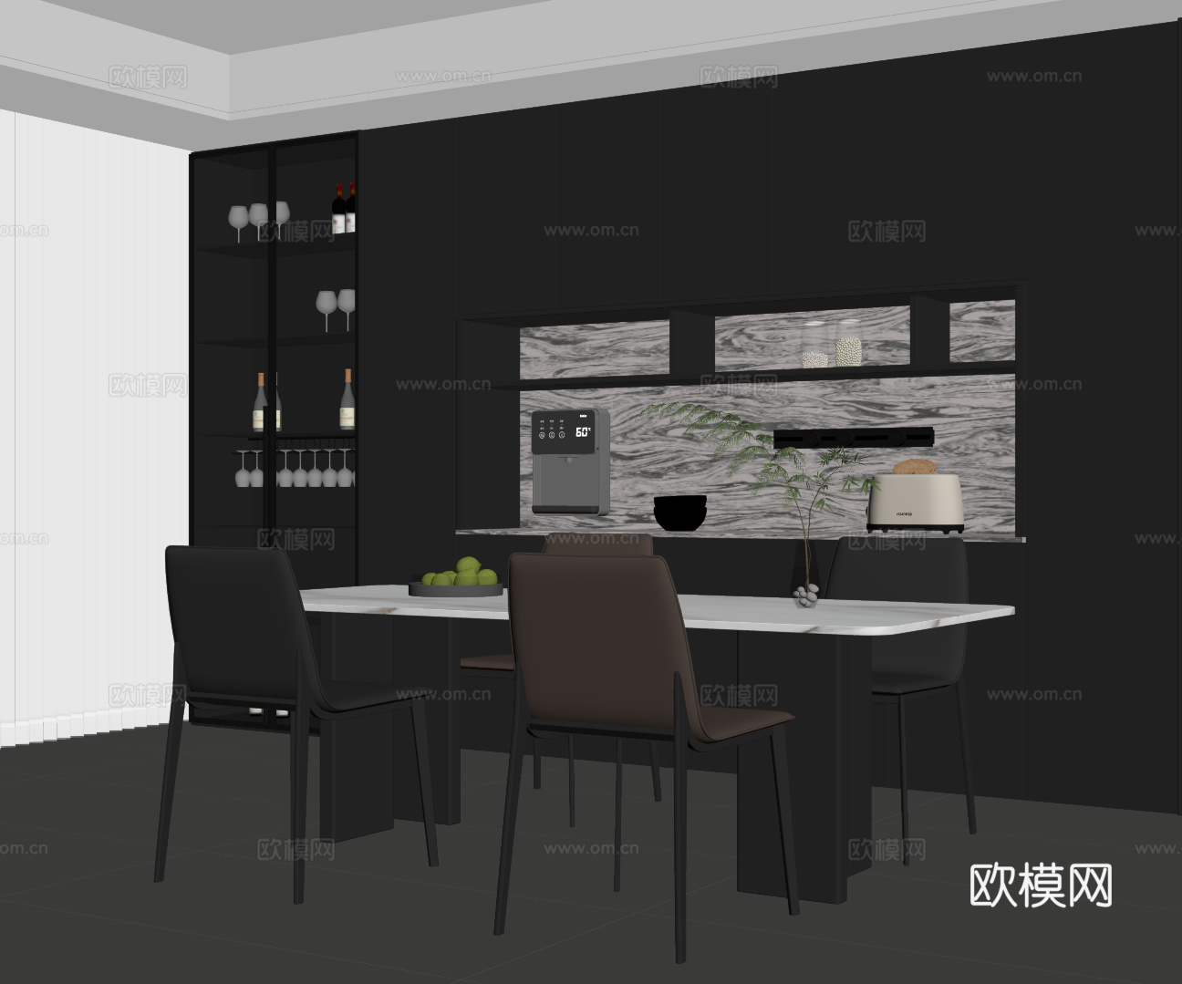 现代意式餐厅 餐桌椅 餐边柜 酒柜su模型