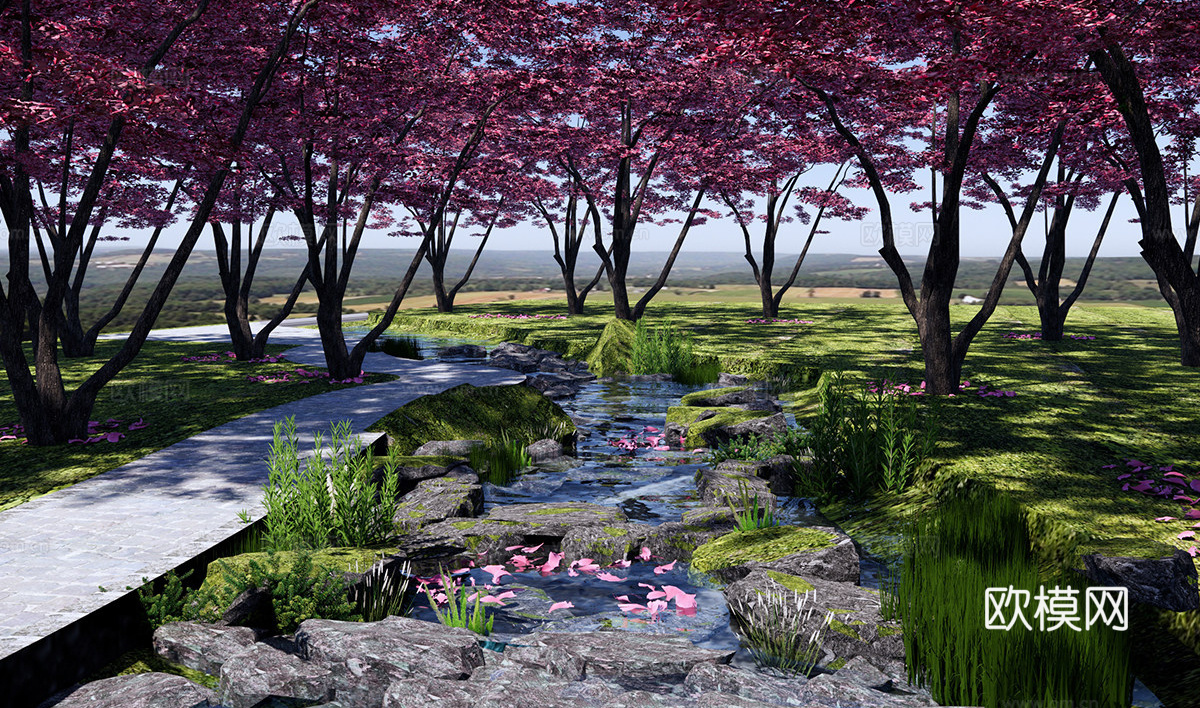 现代滨水公园景观 谷溪流 湿地滩涂 树木景观su模型