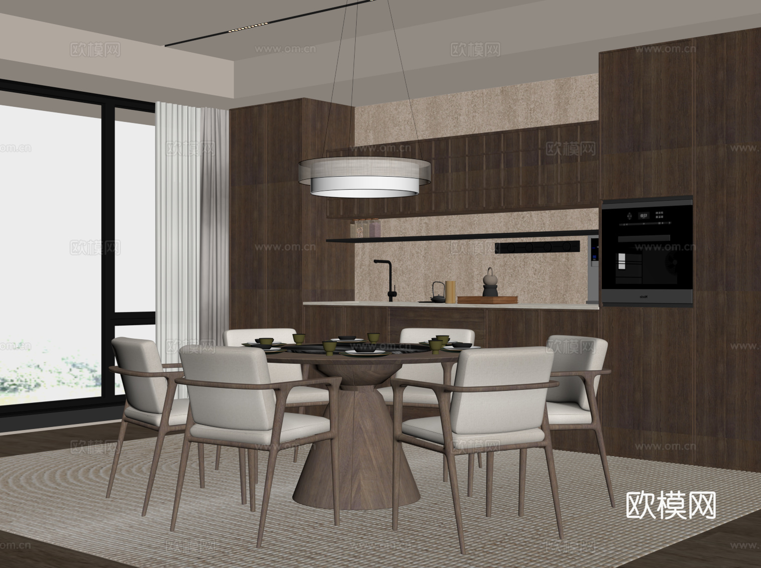 新中式餐厅 餐桌椅 餐柜su模型