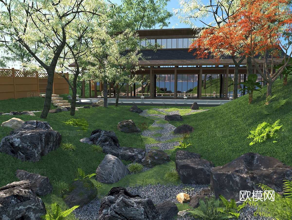 现代旱溪景观 石头景观 户外庭院景观su模型