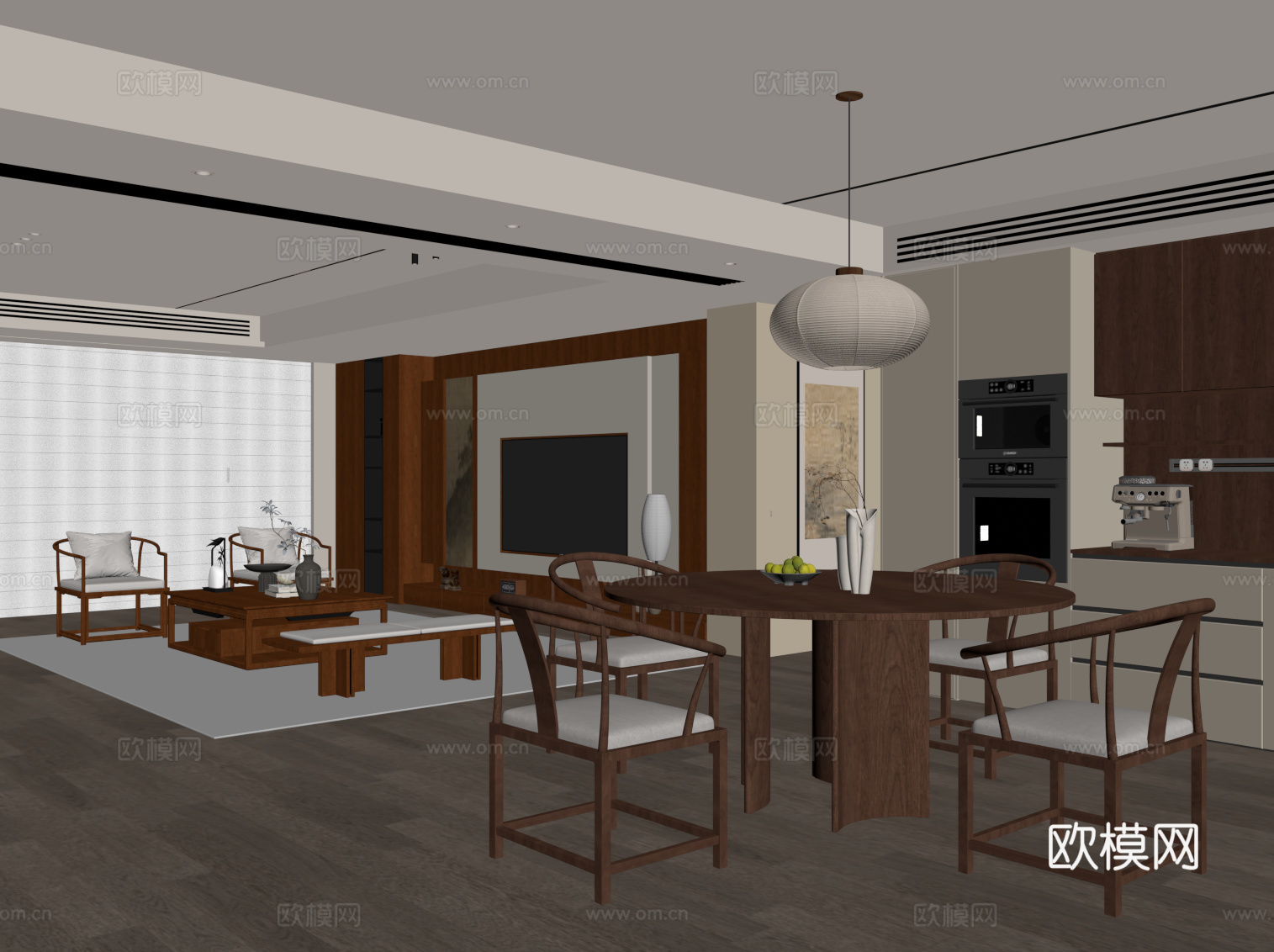 新中式中式宋式客餐厅 宋式风客餐厅su模型