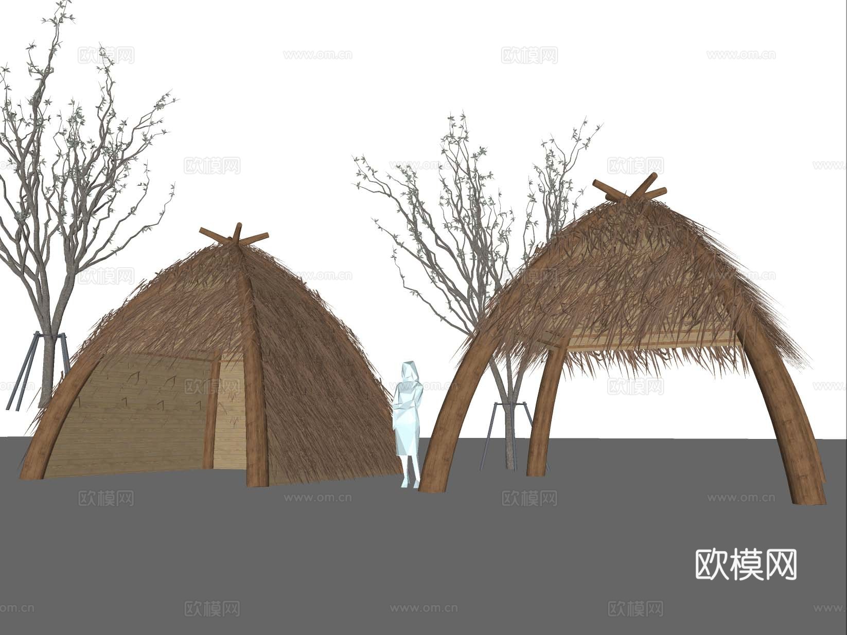 现代茅草亭 茅草亭 茅草构筑物 茅草休息廊su模型