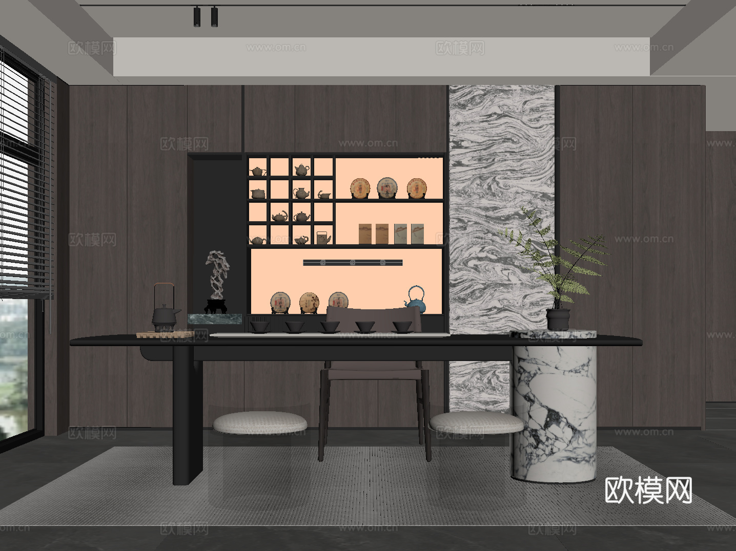 现代意式茶室 茶桌椅 茶柜su模型