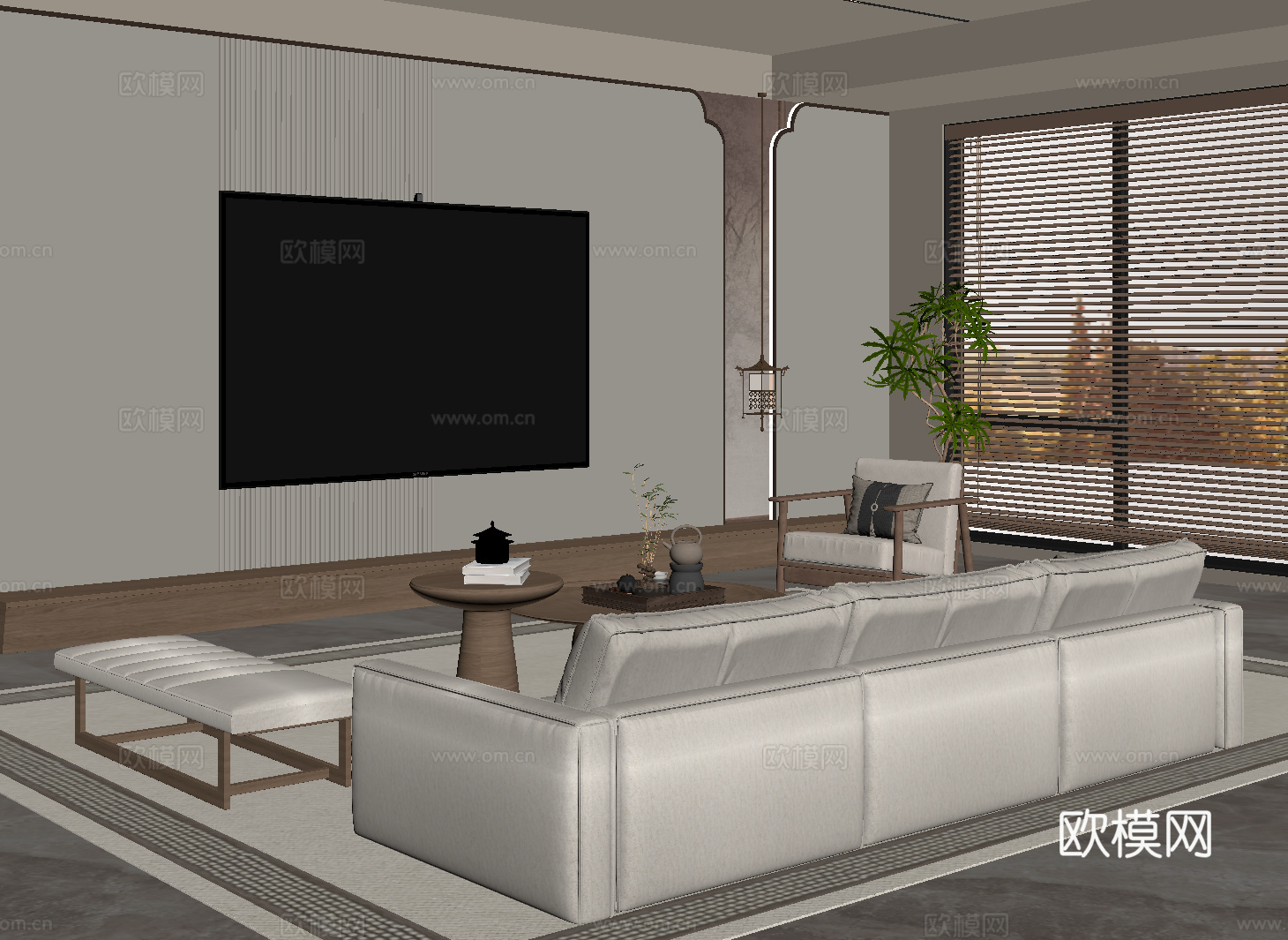 新中式客厅su模型