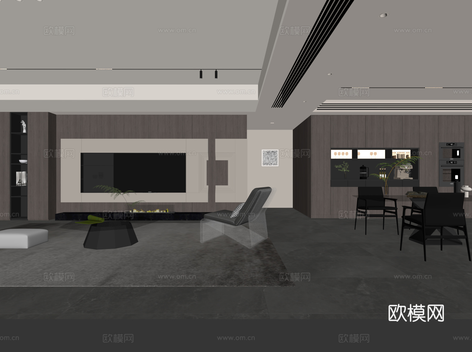 现代意式客餐厅 沙发茶几组合 电视背景墙 餐桌椅su模型