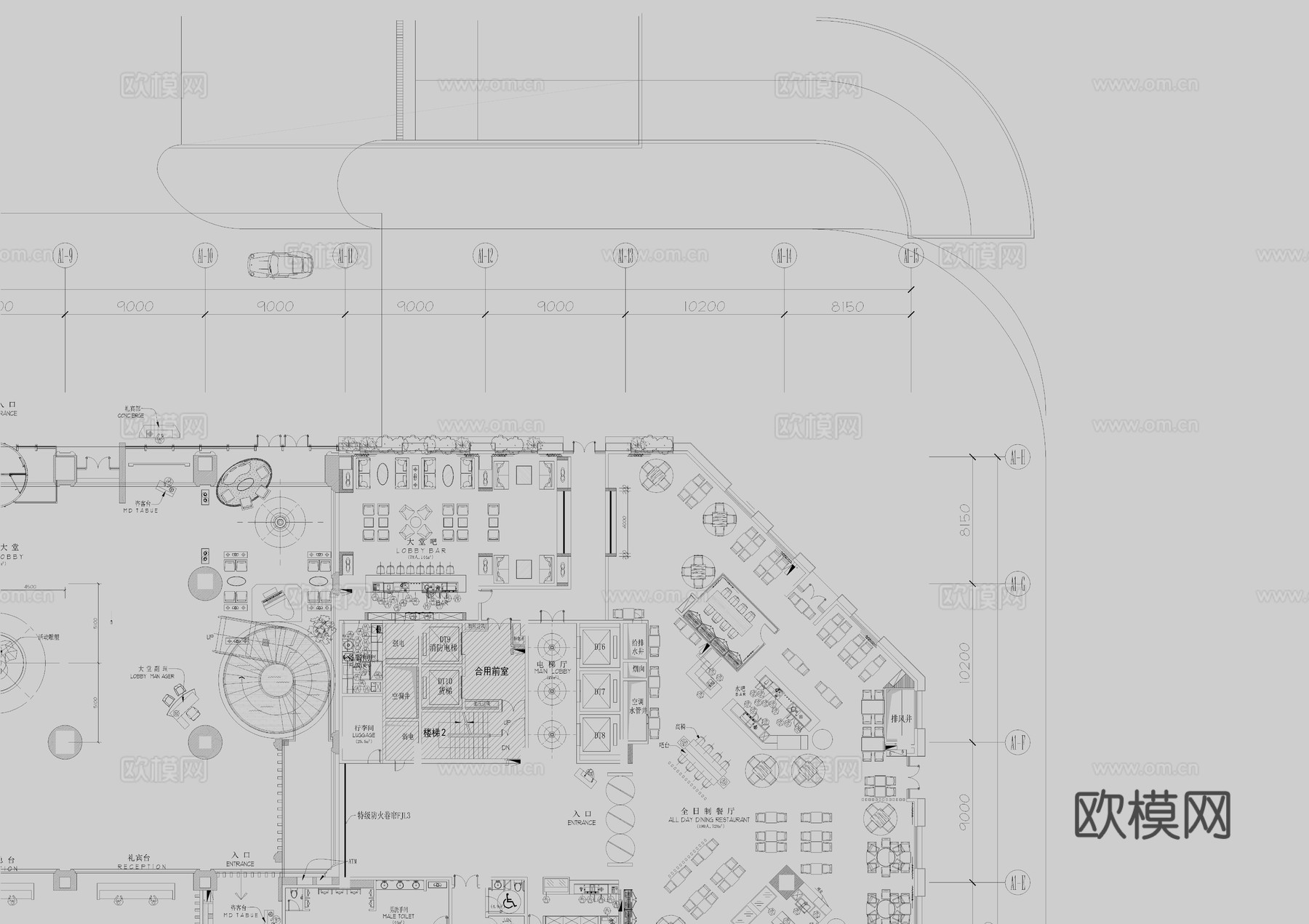 五星级广州希尔顿酒店平面cad施工图