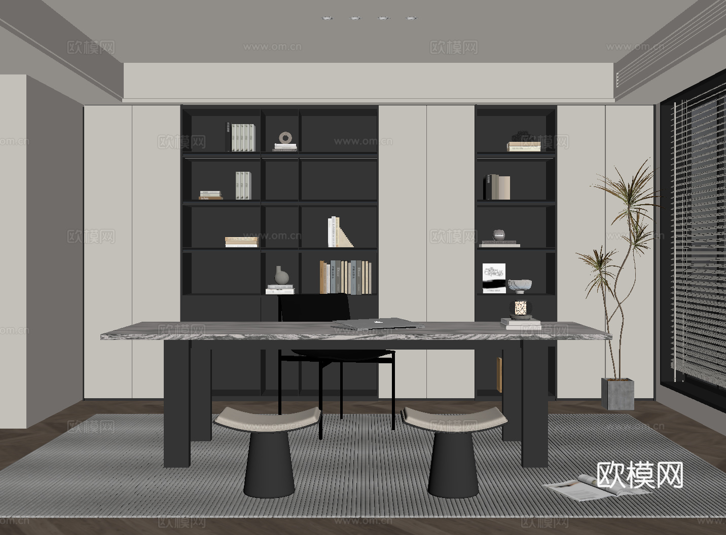 现代书房 书桌椅 书柜su模型