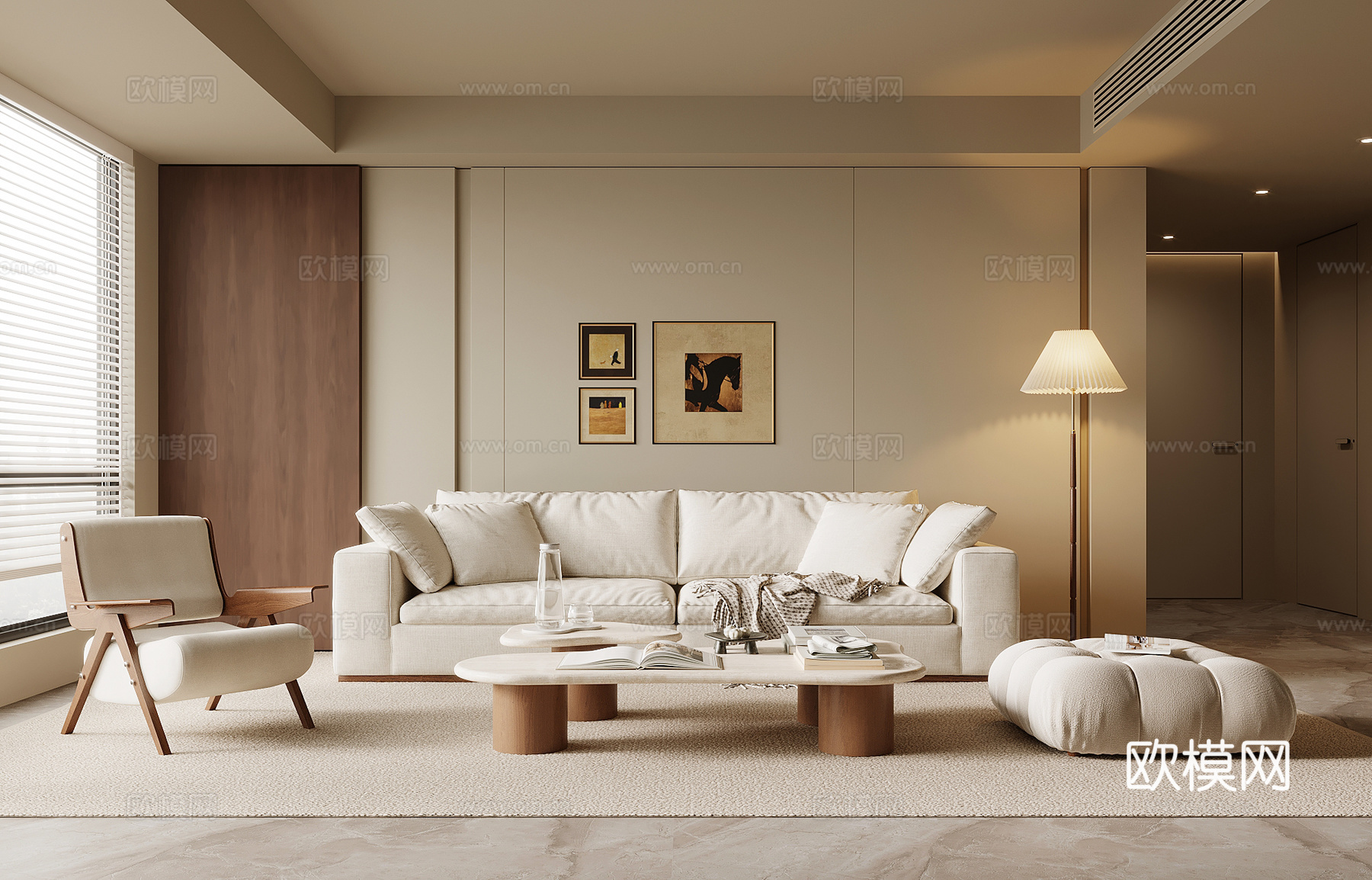 侘寂中古风客厅 多人沙发 休闲椅su模型