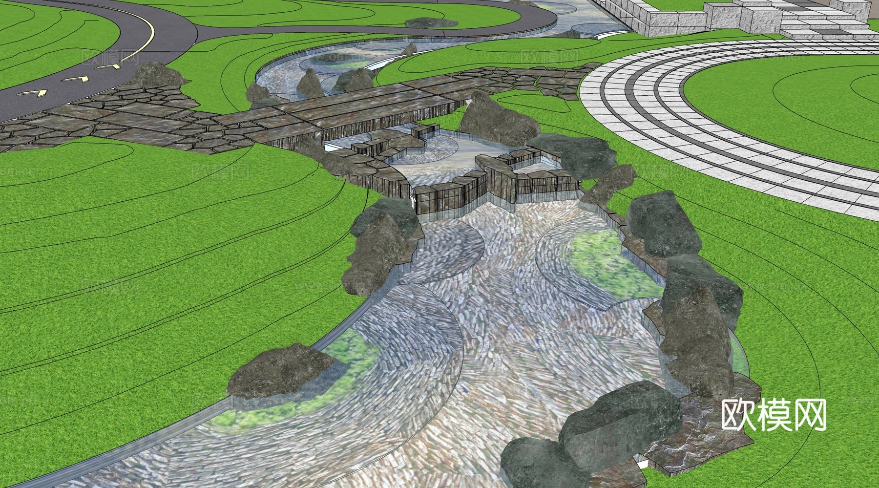 新中式滨水景观 自然水溪流 叠水景观 山泉水su模型