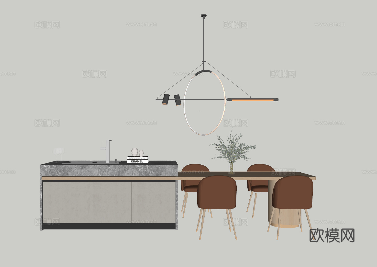 现代岛台餐桌su模型