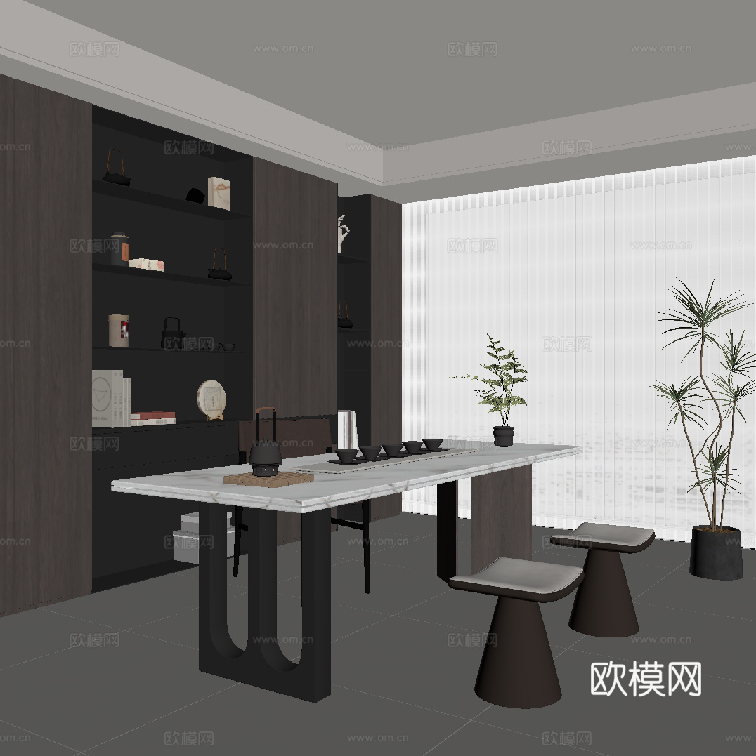 现代意式茶室 茶桌椅 茶柜su模型