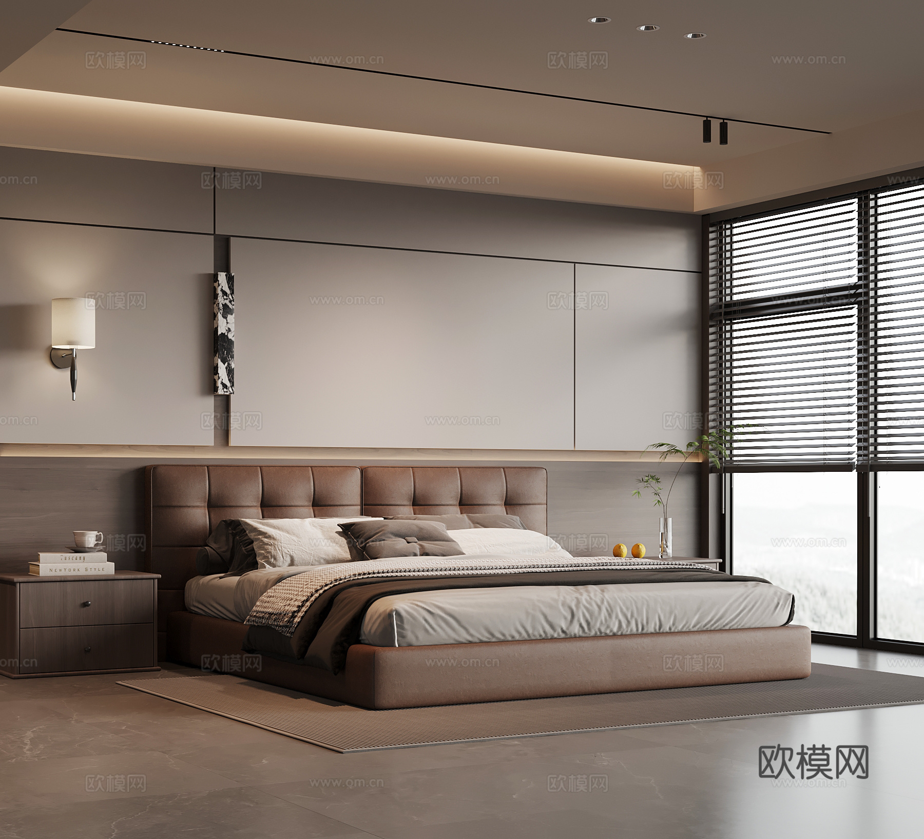 现代意式卧室 双人床 床头柜 背景墙su模型