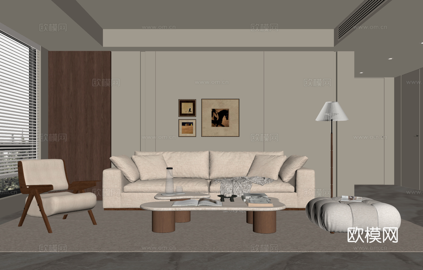 侘寂中古风客厅 多人沙发 休闲椅su模型