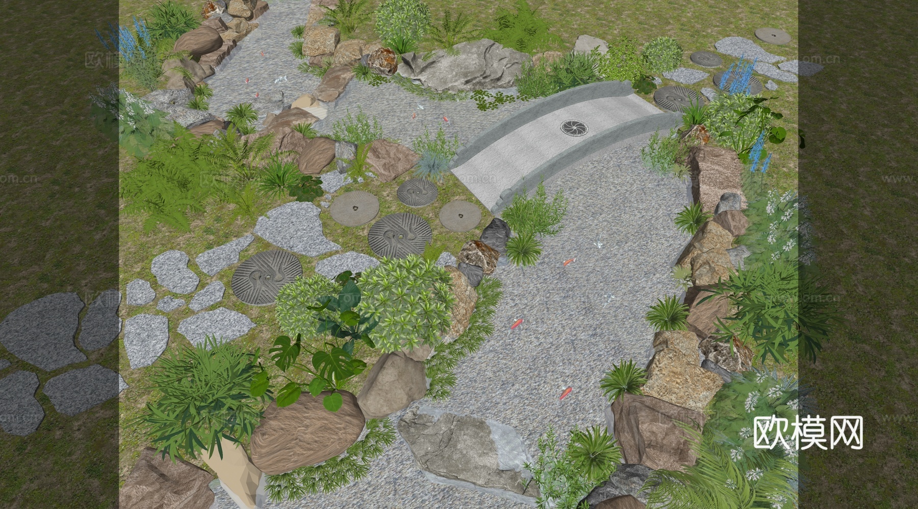 现代新中式跌水 现代溪流自然跌水 自然生态鱼池 自然流水su模型