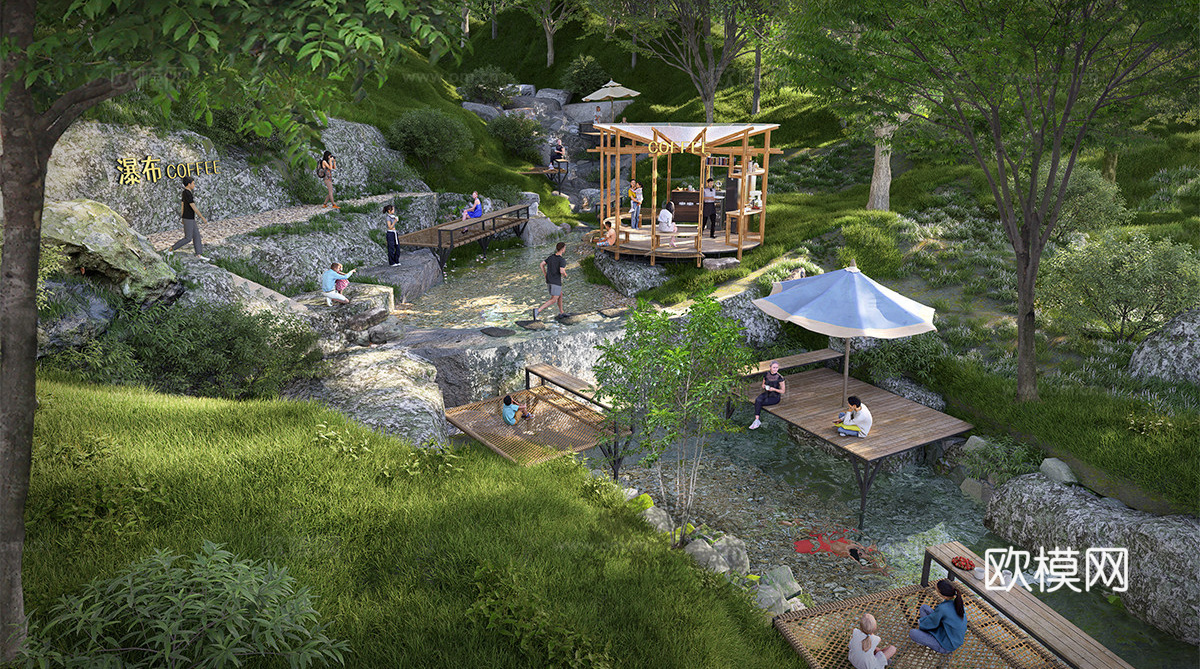 现代滨水景观 溪谷咖啡景观 溯溪营地 山谷溪流 瀑布咖啡su模型