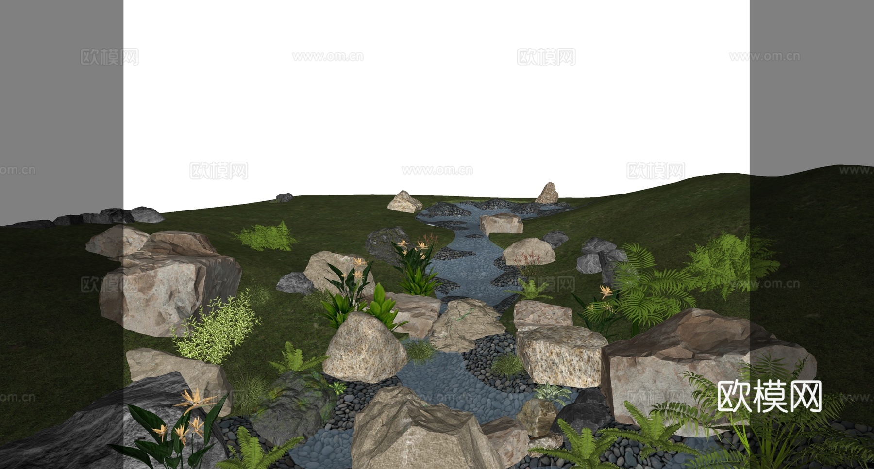现代滨水景观 雨水花园 小溪 现代溪流 石头花草su模型