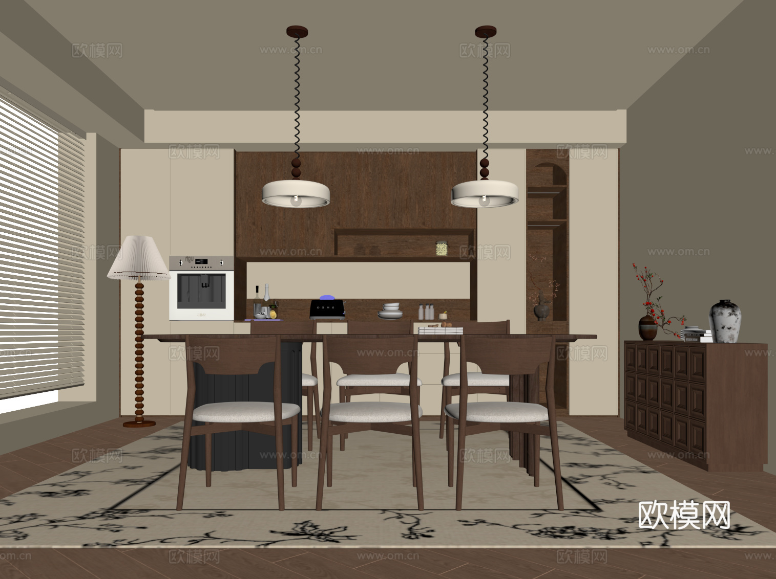 中古风餐厅 餐桌椅 餐柜su模型