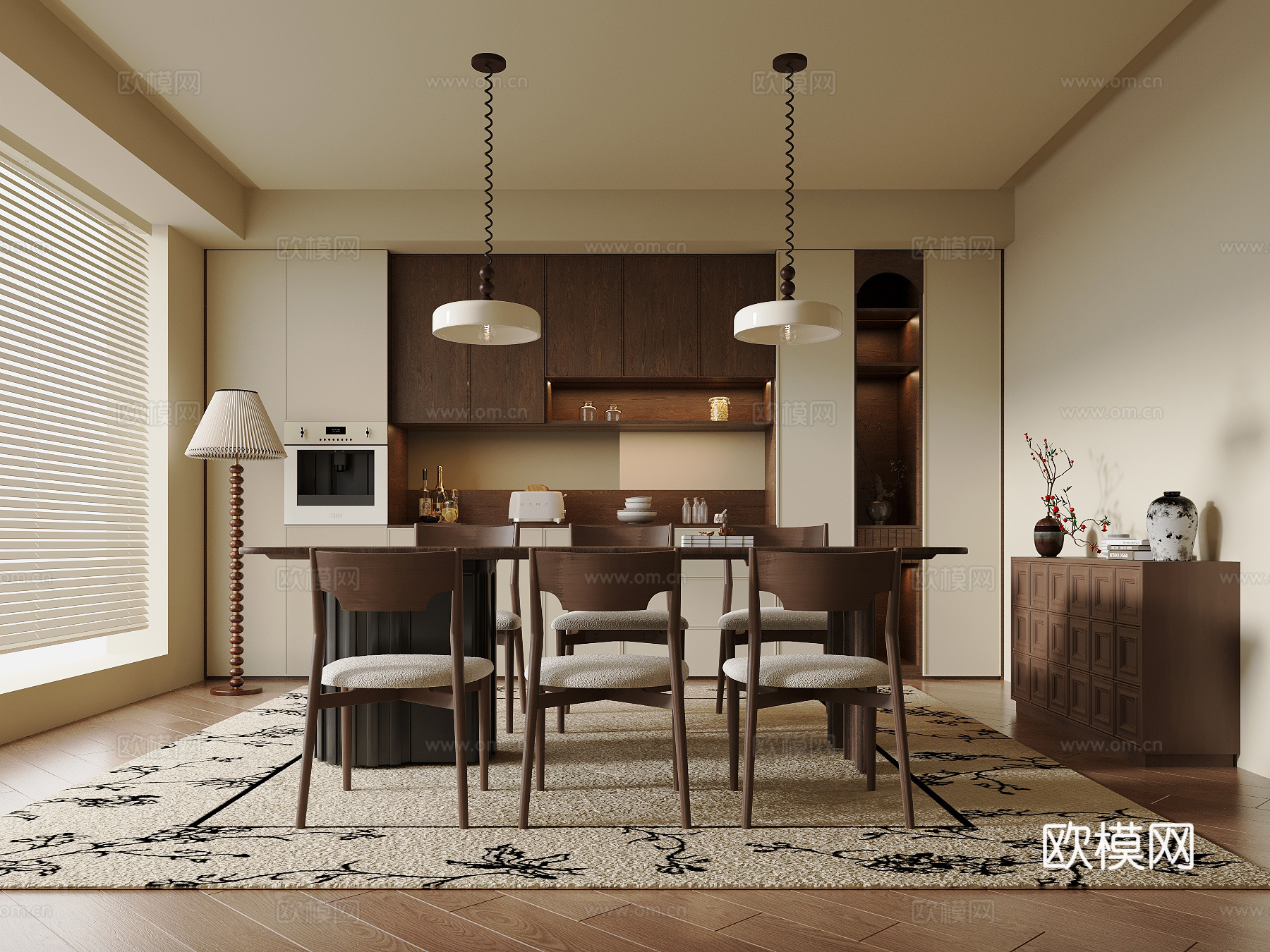 中古风餐厅 餐桌椅 餐柜su模型