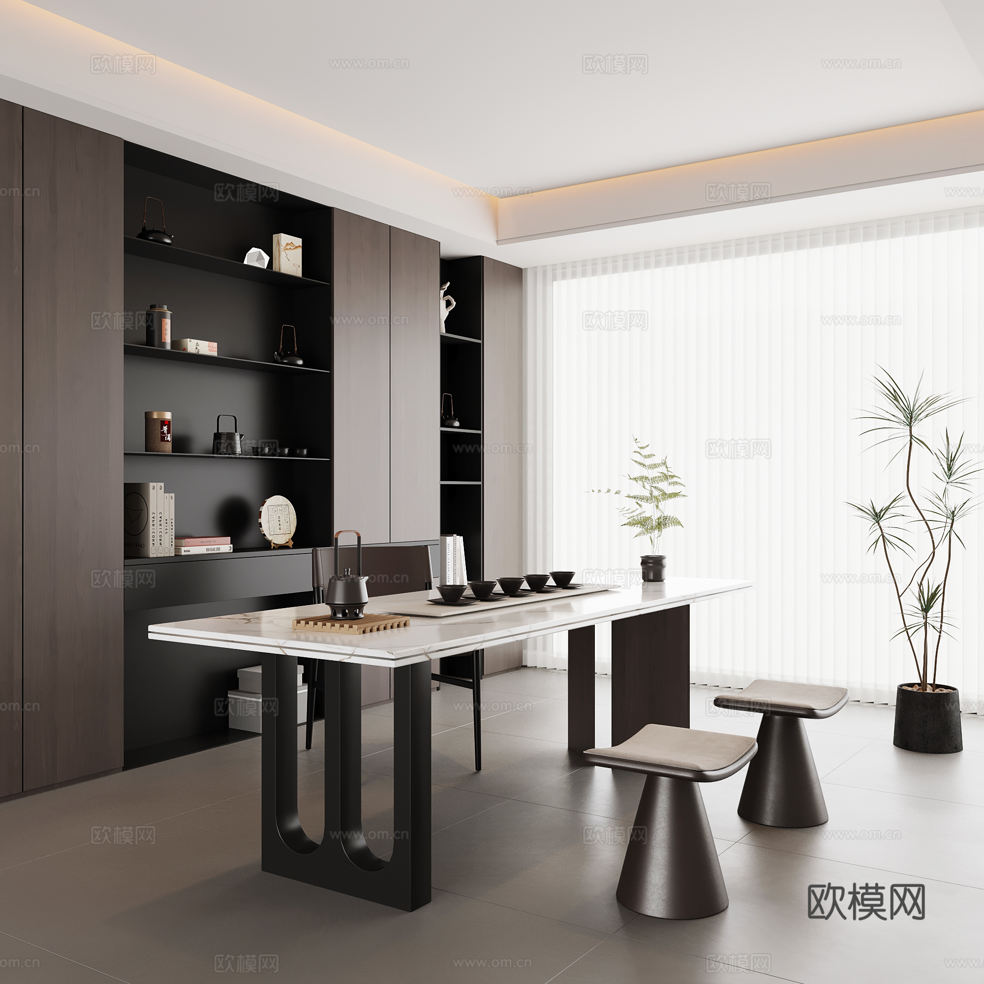 现代意式茶室 茶桌椅 茶柜su模型