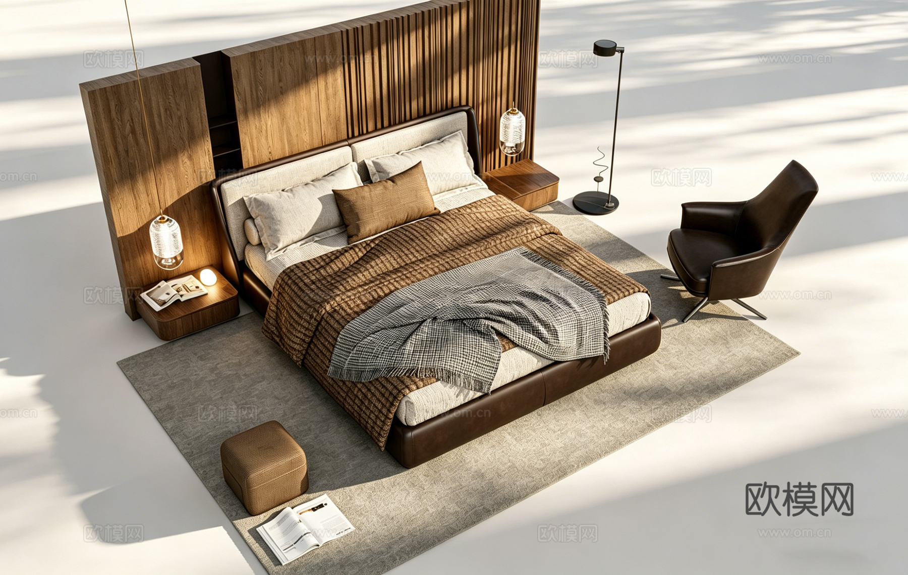 现代简约温馨主卧 棕色皮床 皮椅格子毯 球形吊灯 翻开的书su模型