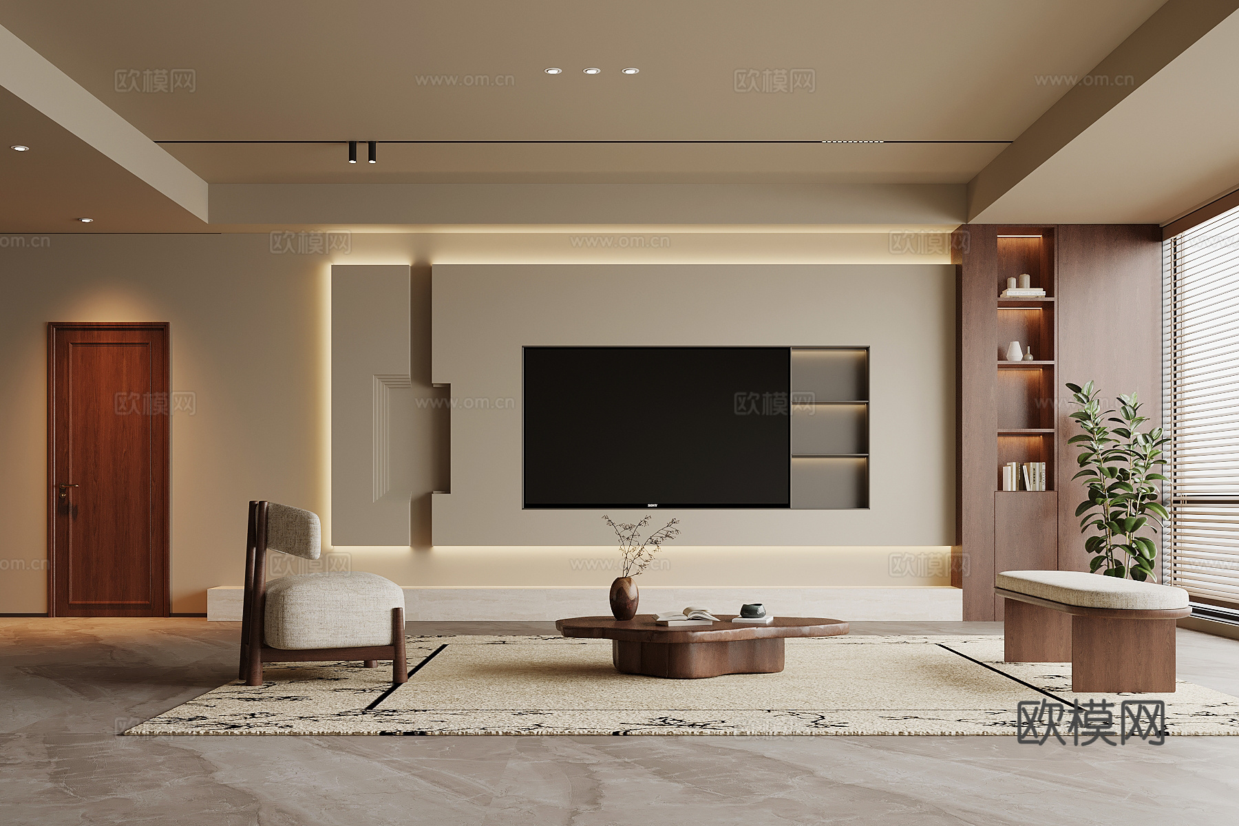 现代中古风客厅 沙发茶几组合 电视背景墙su模型