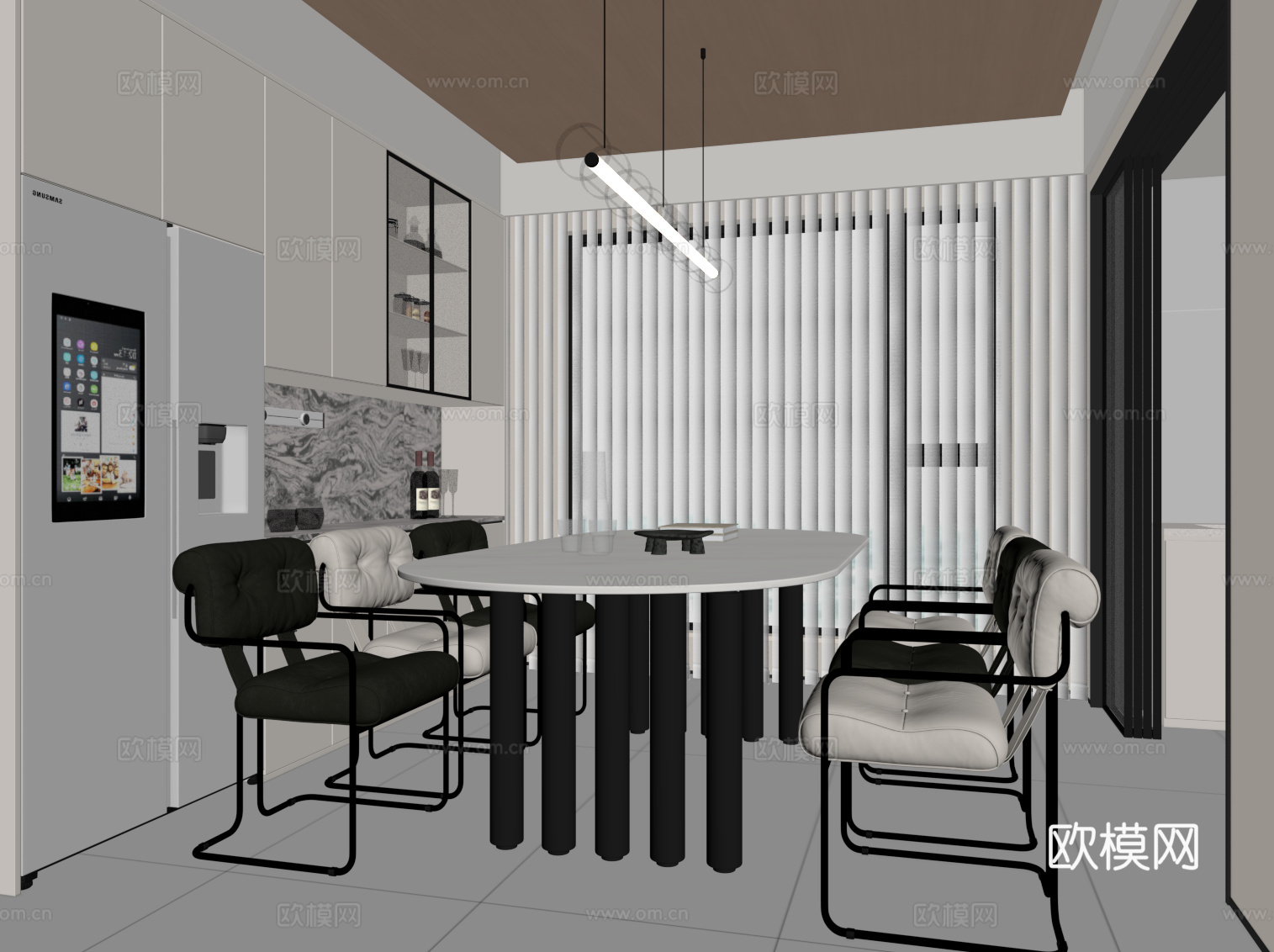 现代极简餐厅 餐桌椅 餐边柜 酒柜su模型
