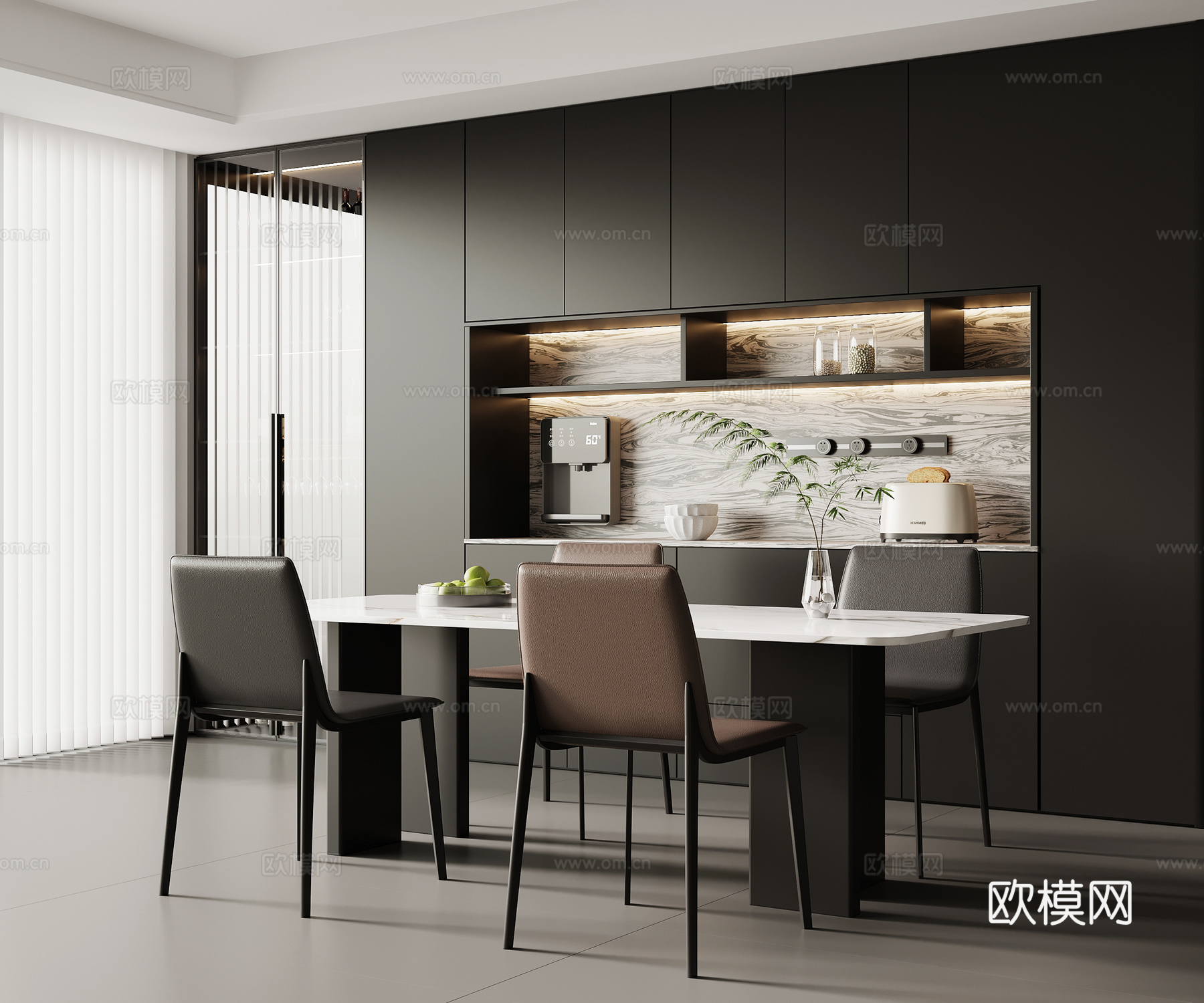 现代意式餐厅 餐桌椅 餐边柜 酒柜su模型