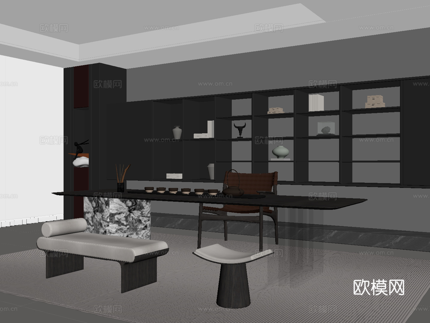 现代意式茶室 茶桌椅 茶柜su模型