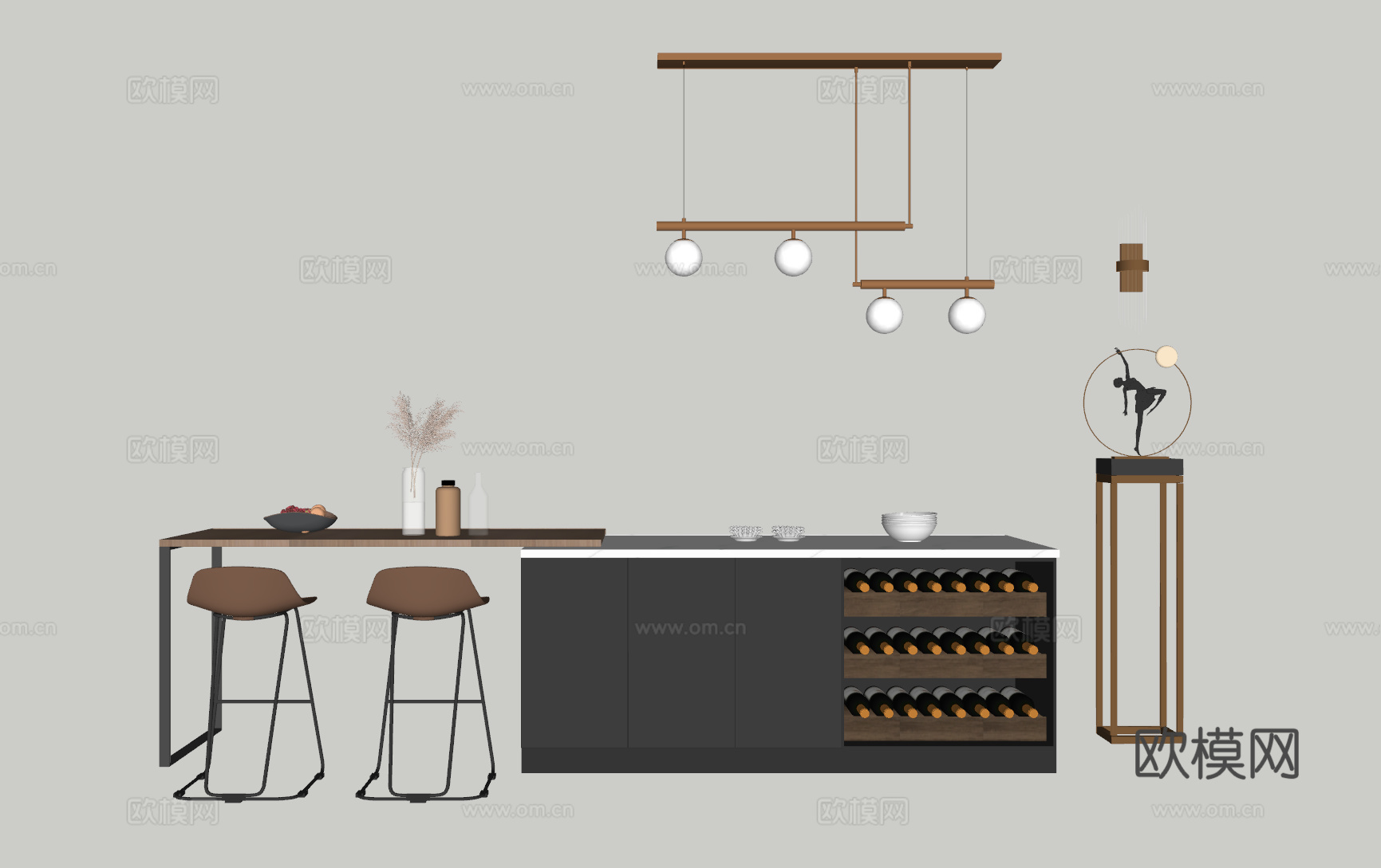 现代岛台餐桌su模型