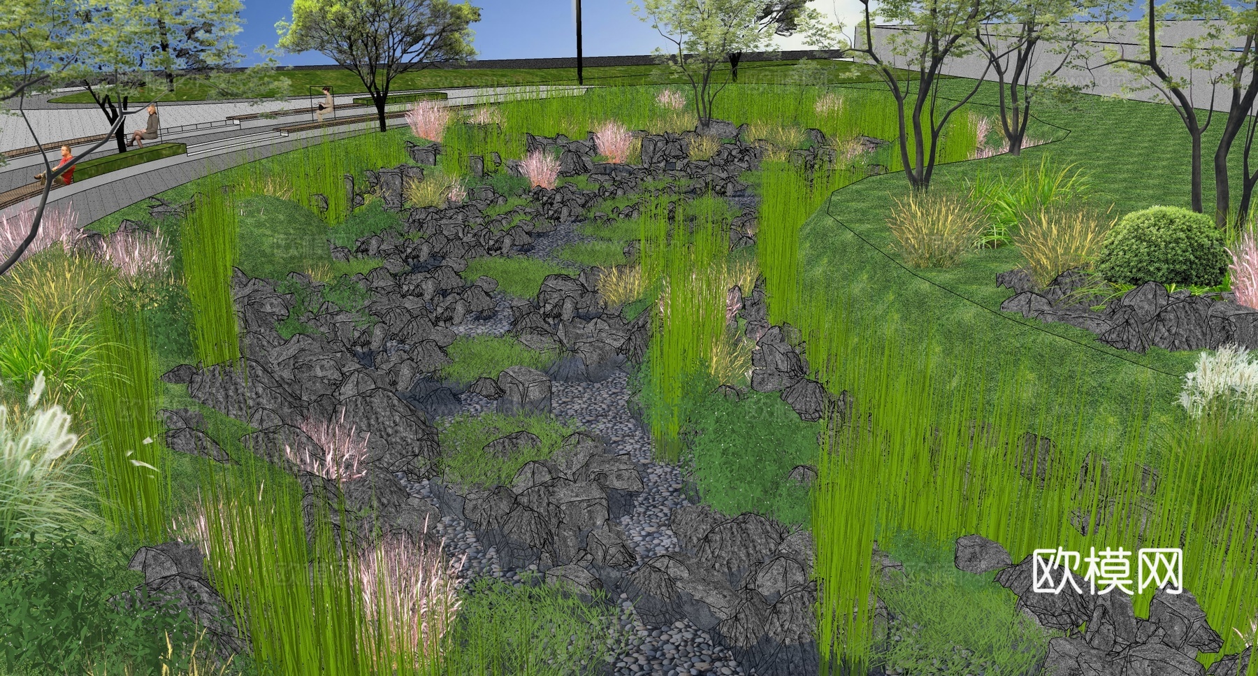 现代景观石头小品 雨水花园 滩涂湿地su模型